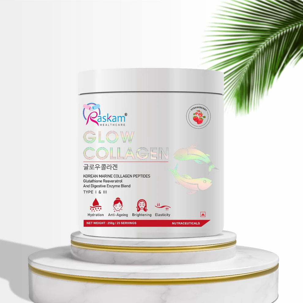Raskam Glow Collagen Peptides Powder for Men & Women | Collagen Powder with Biotin, Vitamins C & E for Hair, Nails, Skin Radiance & Anti-Aging Flav- Strawberry (250gm)