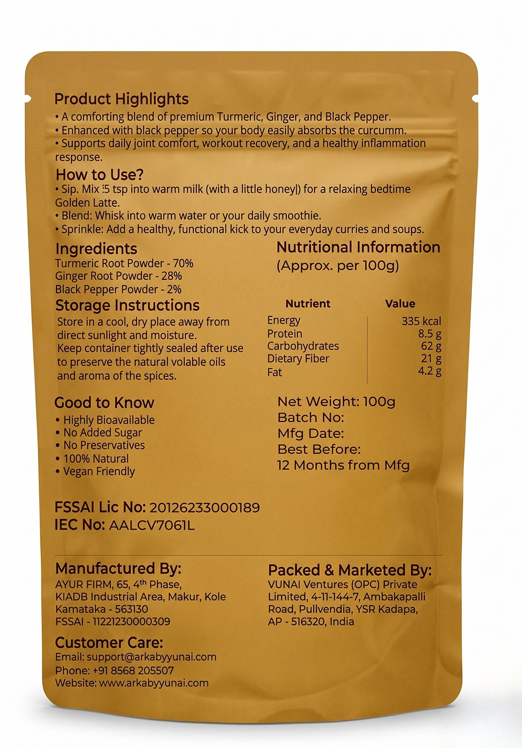 ARKA Golden Recovery Ayurvedic Haldi Milk Mix (100g)