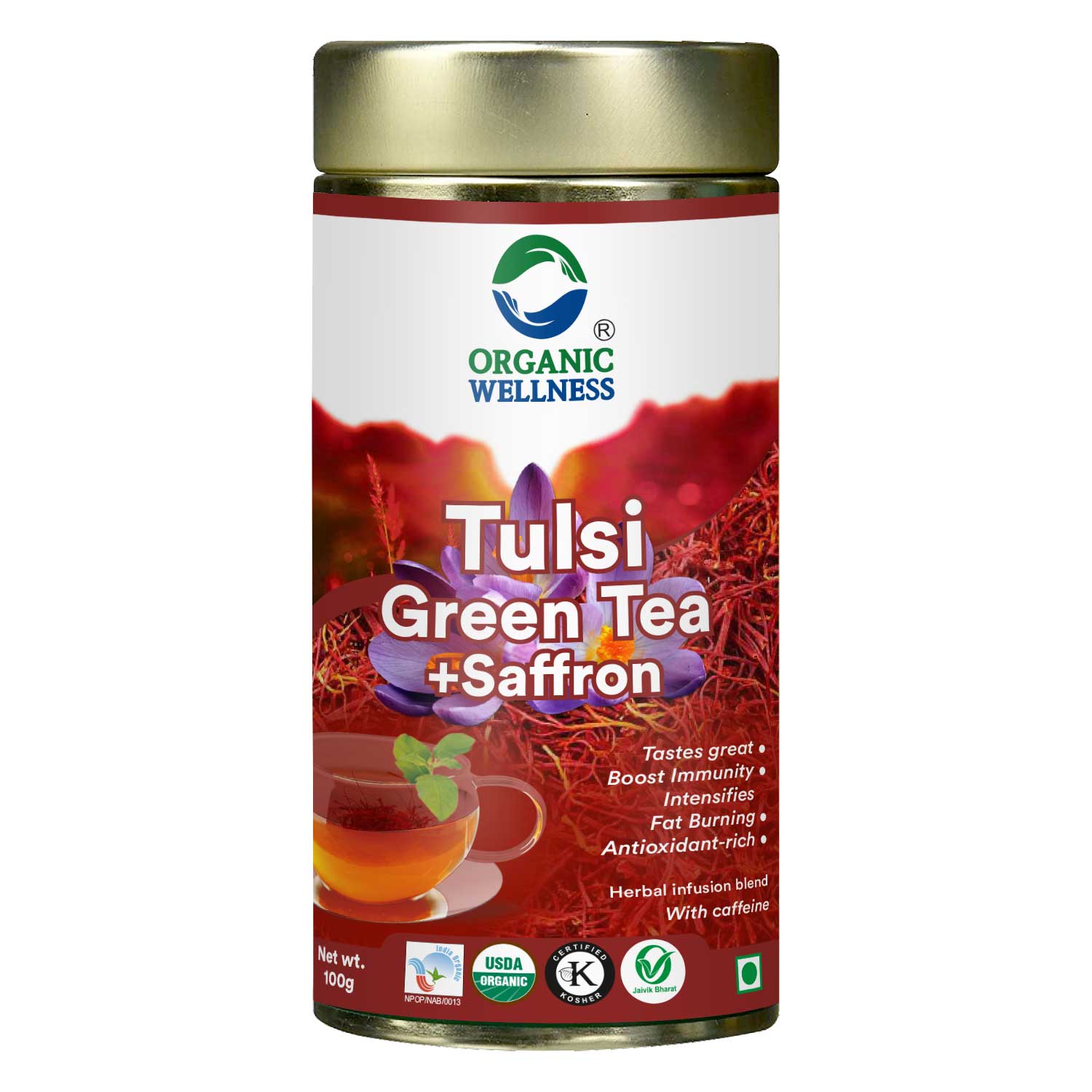 Organic Wellness Tulsi Green Tea + Saffron 100 grams Tin Pack