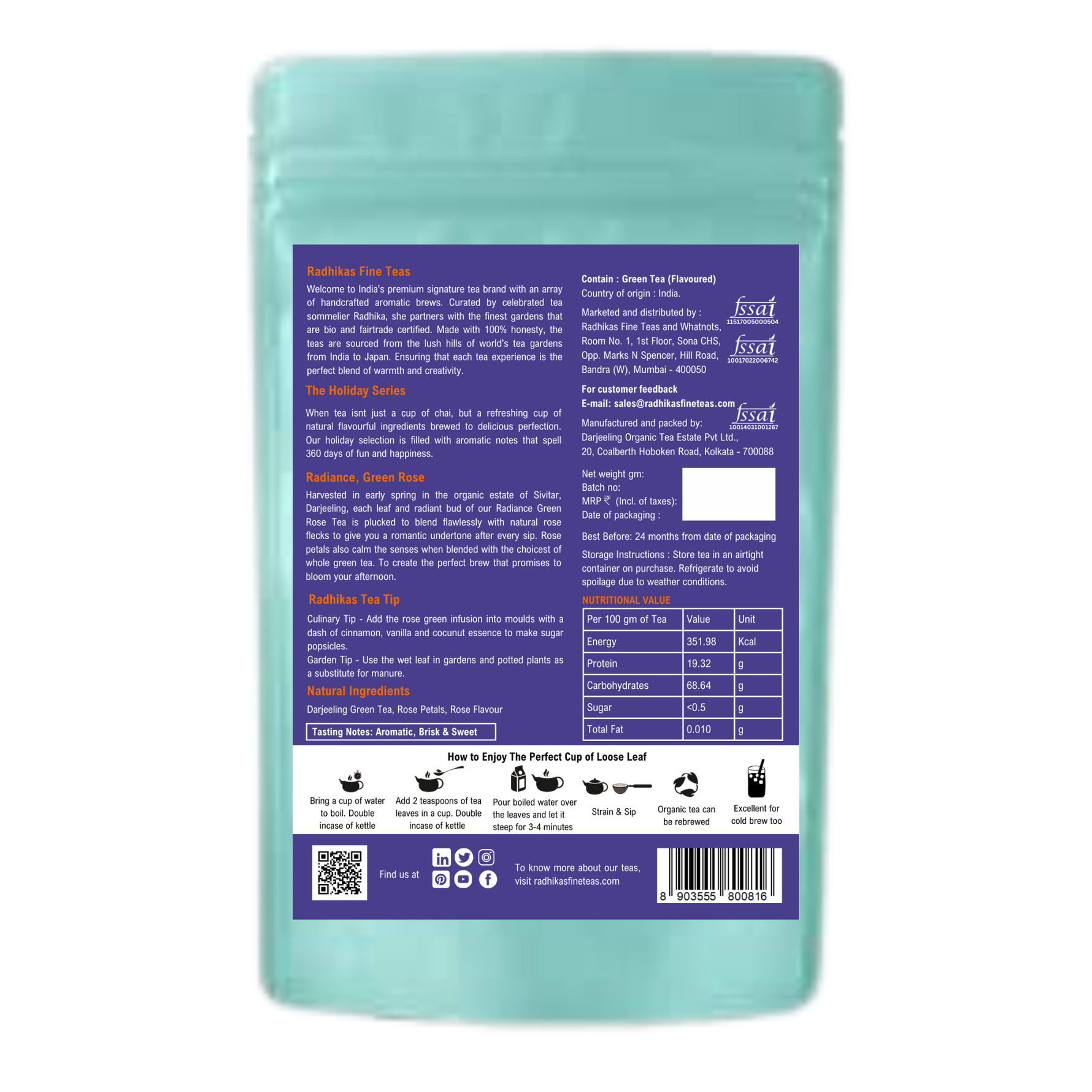 Radhikas Fine Teas Radiance Green Rose Tea (50g Loose Leaf) - 100gm