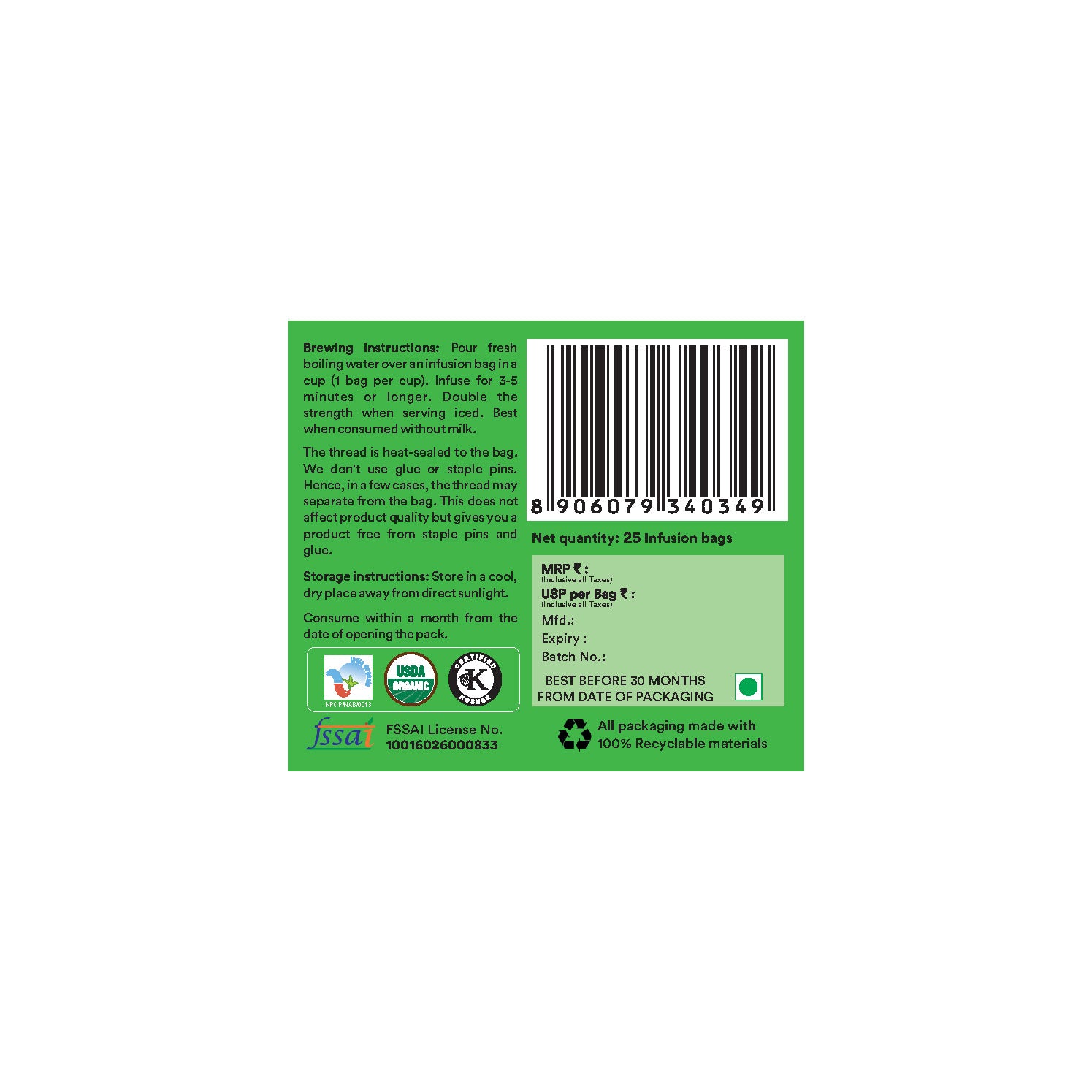 Organic Wellness Tulsi Green Tea Premium Teabags -  25 Teabags