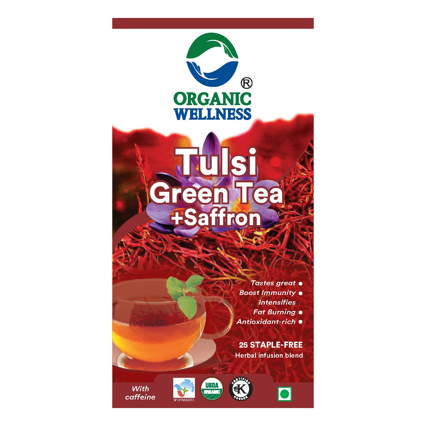 Organic Wellness Tulsi Green Tea + Saffron Teabags -  25 Teabags