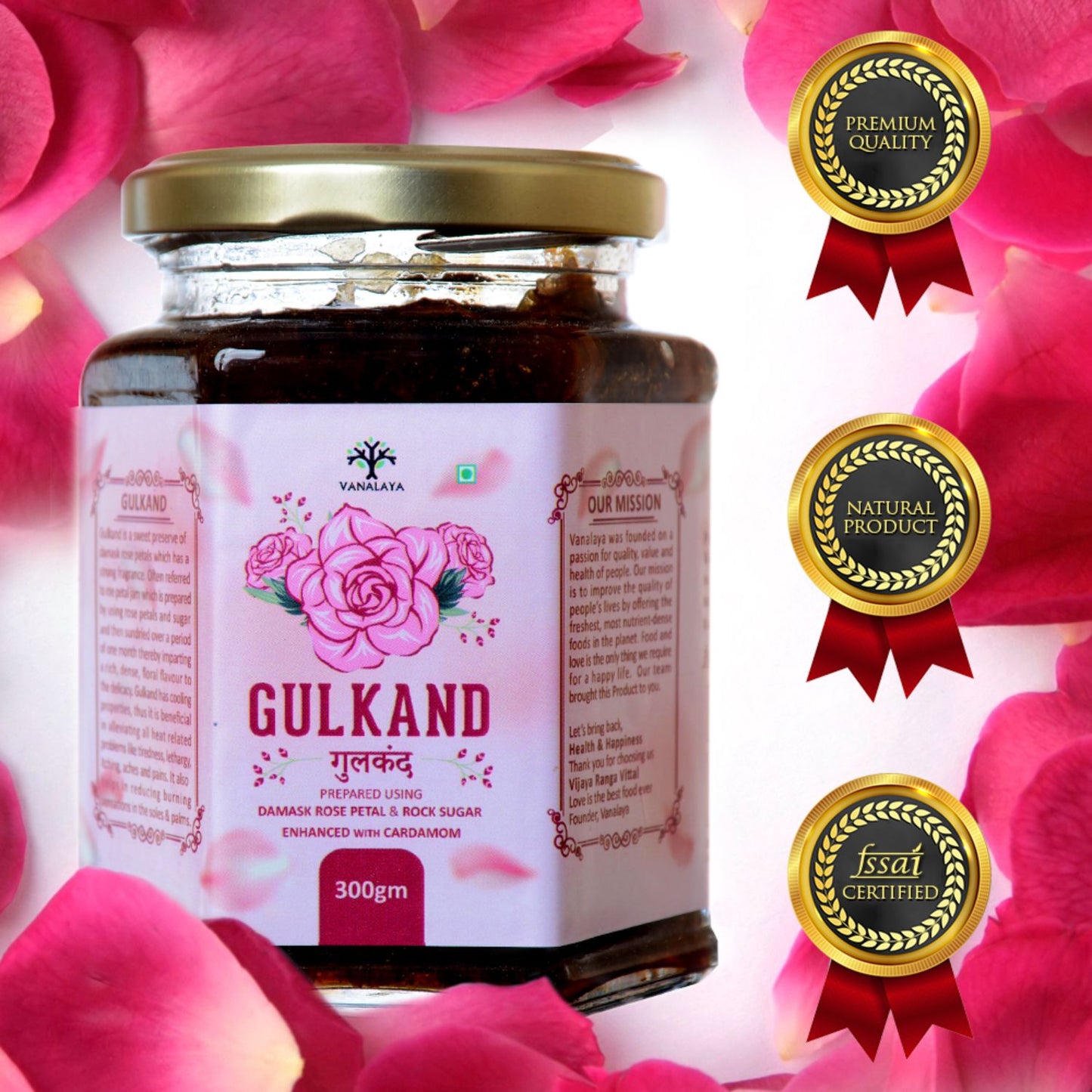 Vanalaya Natural Organic Gulkand Prepared Using Sun Cooked Damask Rose & Cardamon