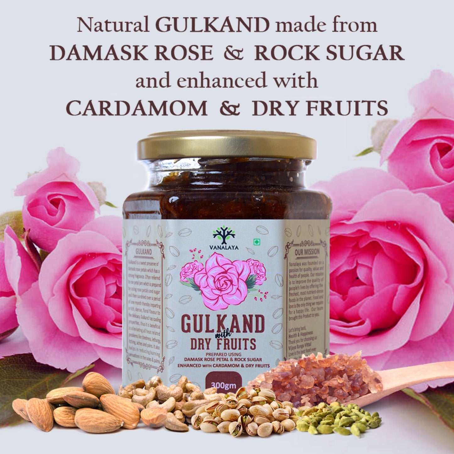 Vanalaya Natural Organic Dry Gulkand Prepared Using Sun Cooked Damask Rose Along with Dry Fruits
