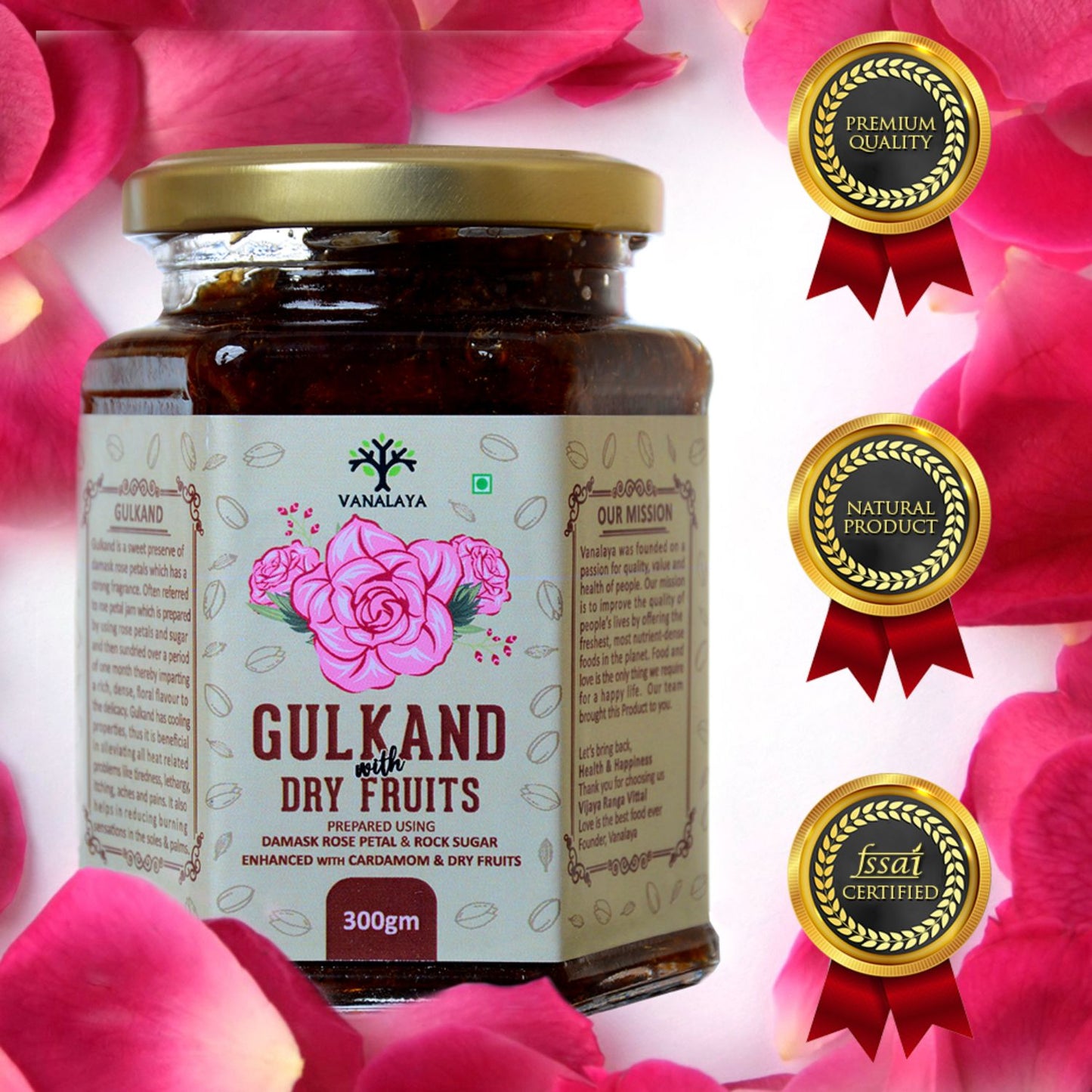 Vanalaya Natural Organic Dry Gulkand Prepared Using Sun Cooked Damask Rose Along with Dry Fruits