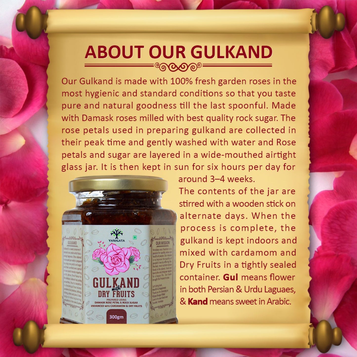 Vanalaya Natural Organic Dry Gulkand Prepared Using Sun Cooked Damask Rose Along with Dry Fruits
