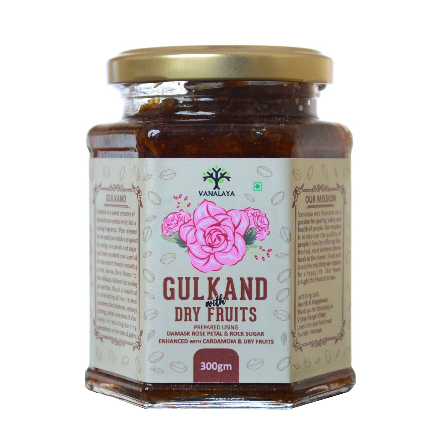 Vanalaya Natural Organic Dry Gulkand with Dry Fruits - Sun-Cooked Damask Rose & Premium Dry Fruits (300g)