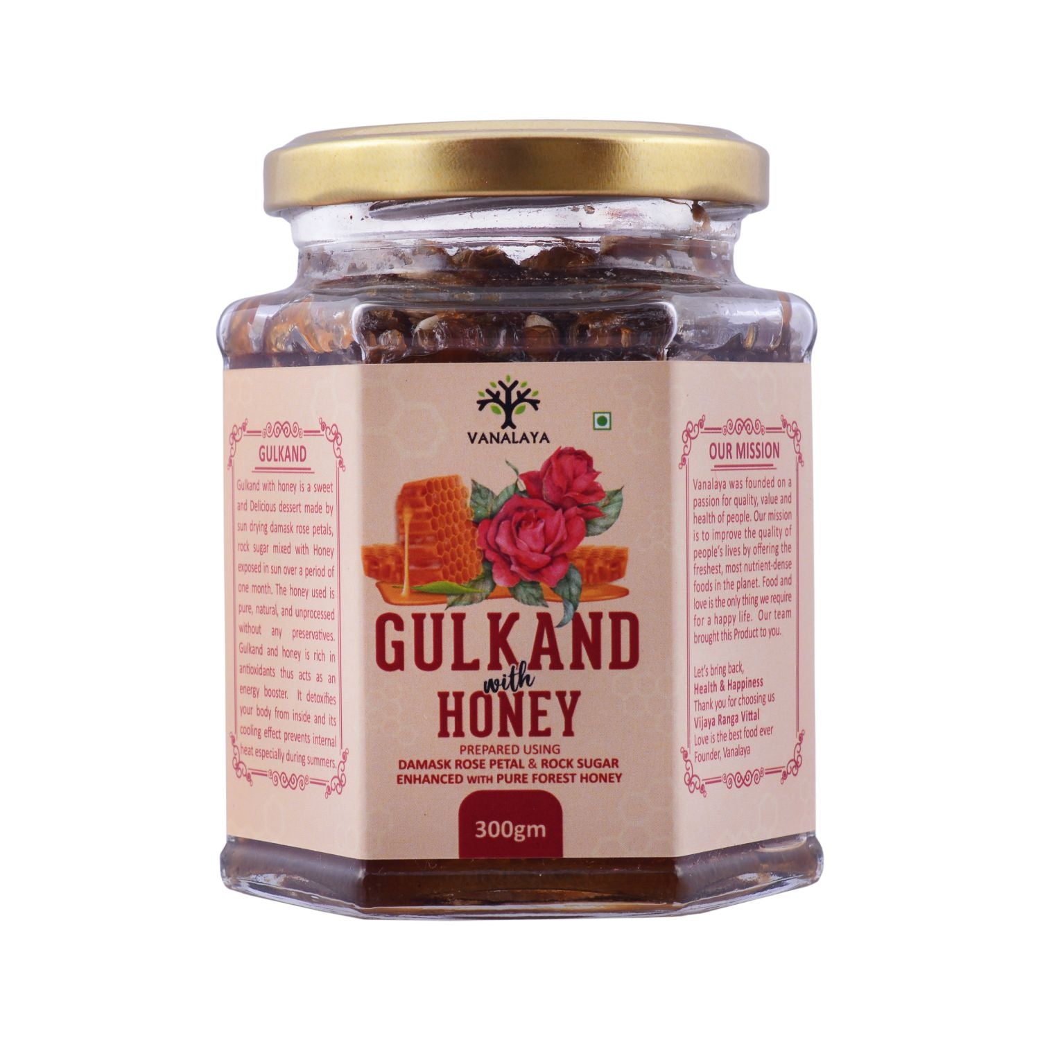Vanalaya Natural Honey Gulkand Prepared Using Sun Cooked Damask Rose Along with Forest Honey - 300gm