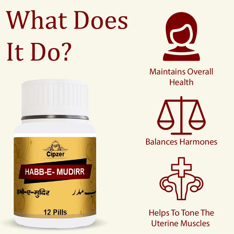 Cipzer Habb-E-Mudirr Pill - 12 Pills | Unani Natural Diuretic for Women’s Health, Kidney & Urinary Care