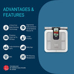 Health monitoring device with features listed on a blue background