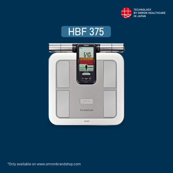 Digital body fat analyzer HBF 375 by Omron on a blue background