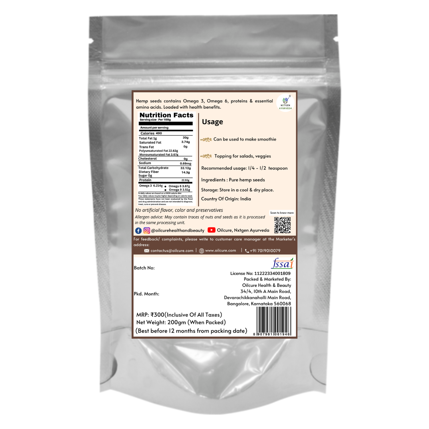 Nxtgen Ayurveda Hemp Seeds - 200 gms (Pack of 2)