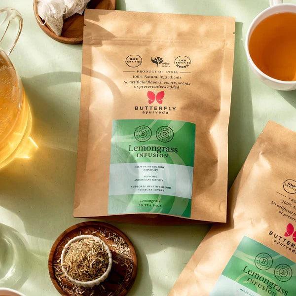 Butterfly Ayurveda Lemongrass Tea – Refreshing Caffeine-Free Herbal Infusion – 20 Tea Bags