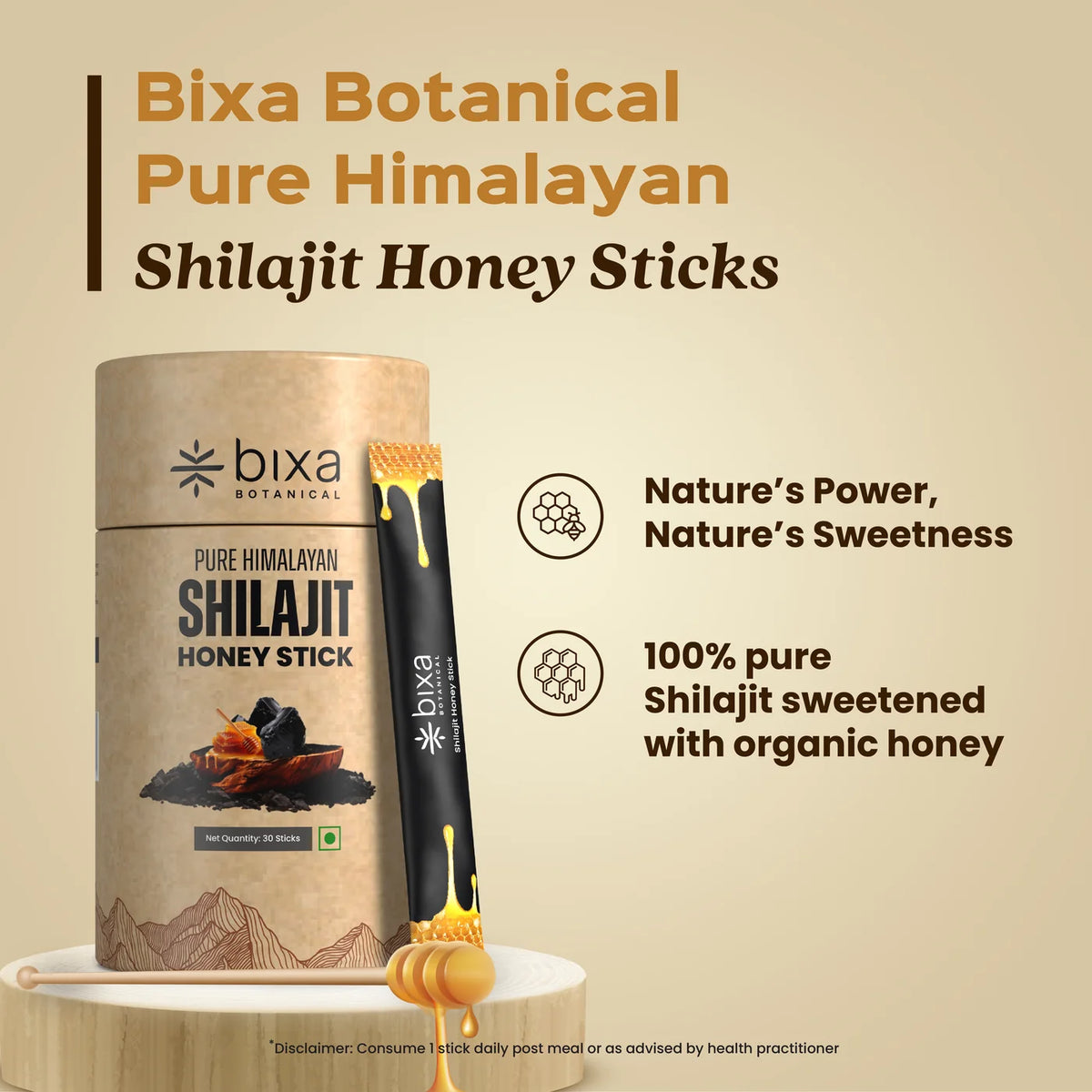 Bixa Botanical Pure Himalayan Shilajit Honey Sticks | Natural Vitality & Energy Booster (Pack of 30 Sticks)