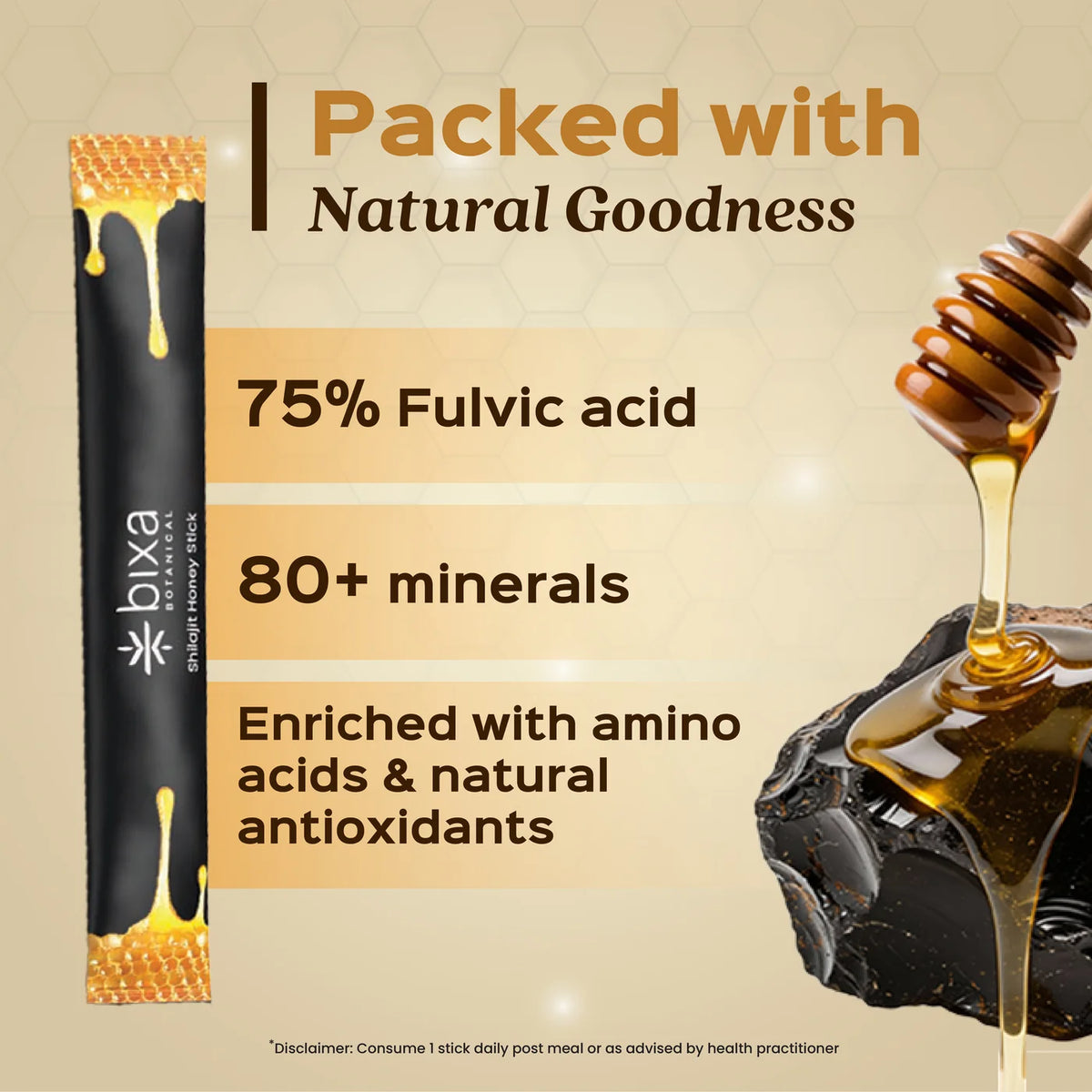 Bixa Botanical Pure Himalayan Shilajit Honey Sticks | Natural Vitality & Energy Booster (Pack of 30 Sticks)