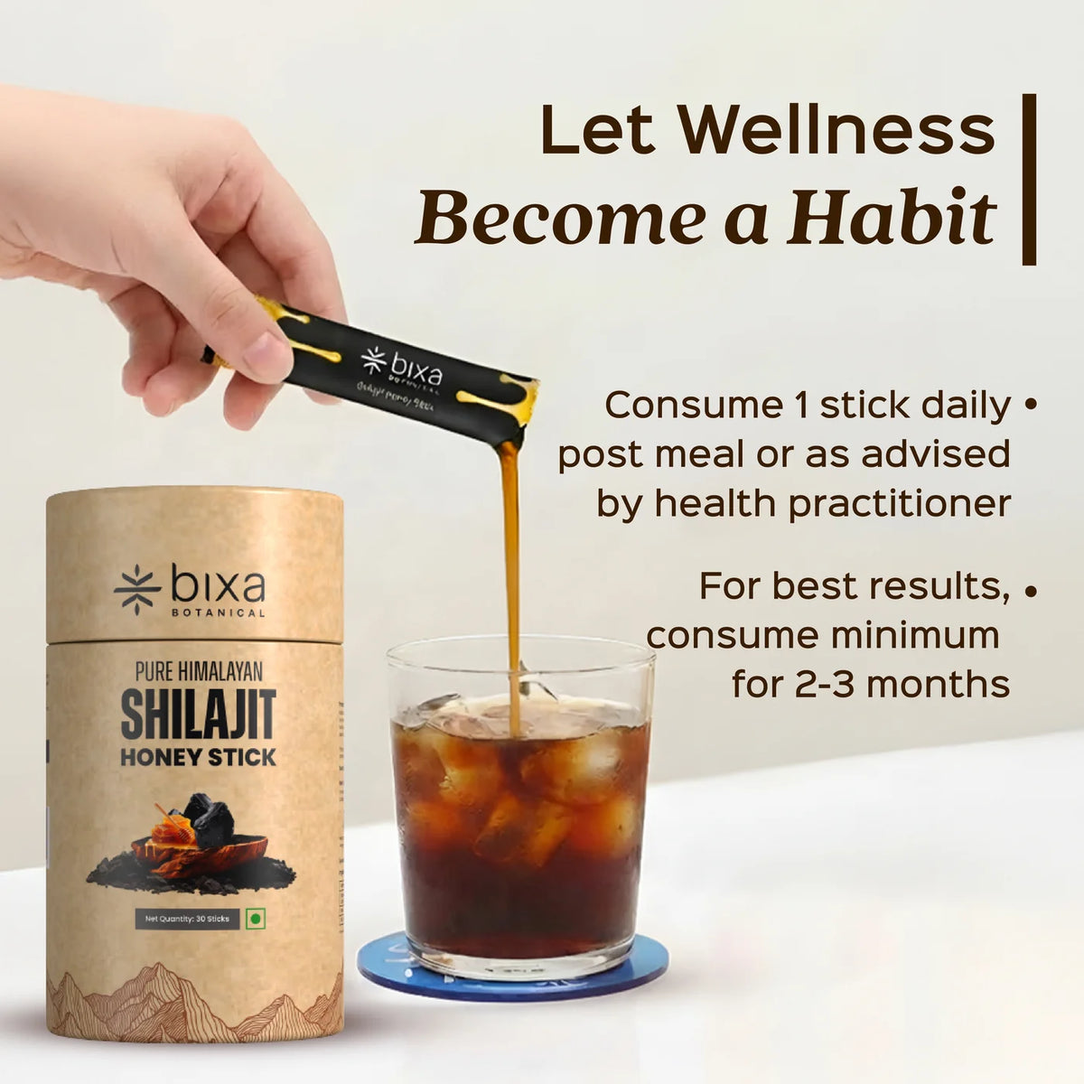 Bixa Botanical Pure Himalayan Shilajit Honey Sticks | Natural Vitality & Energy Booster (Pack of 30 Sticks)