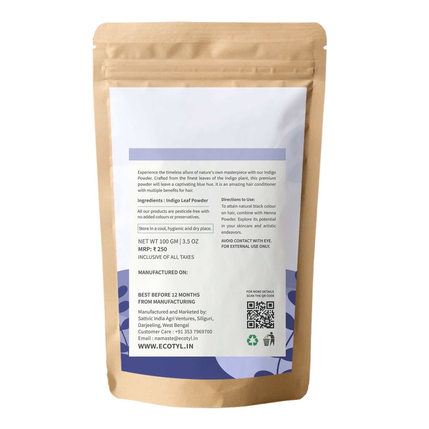 Ecotyl Indigo Powder | Neel Avuri | Natural Hair Dye | Hair Conditioning | 100g