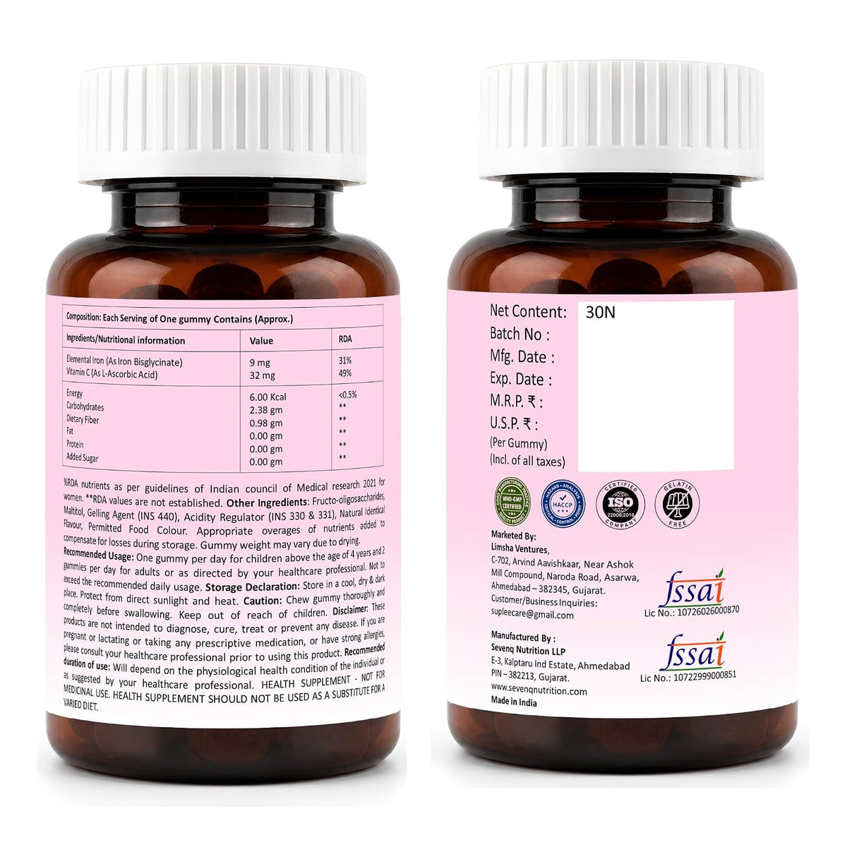 Suplee Chelated Iron Bisglycinate Gummies with Vitamin C Supplement