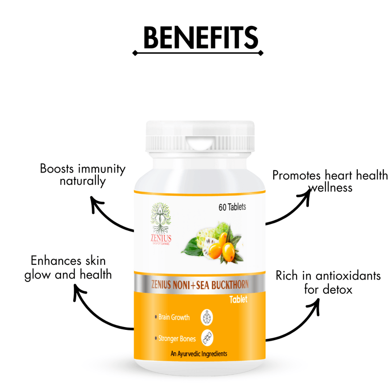 Zenius Noni + Sea Buckthorn Tablets - Powerful Antioxidant Tablets for Immunity, Skin Health, and Detoxification - 60 Tablets