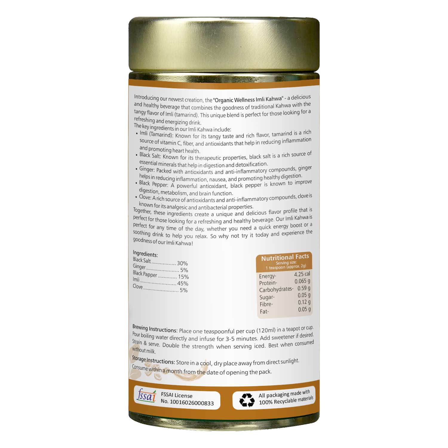 Organic Wellness Imli Kahwa (A Tangy Digestive ) Tea 100 Gram Tin