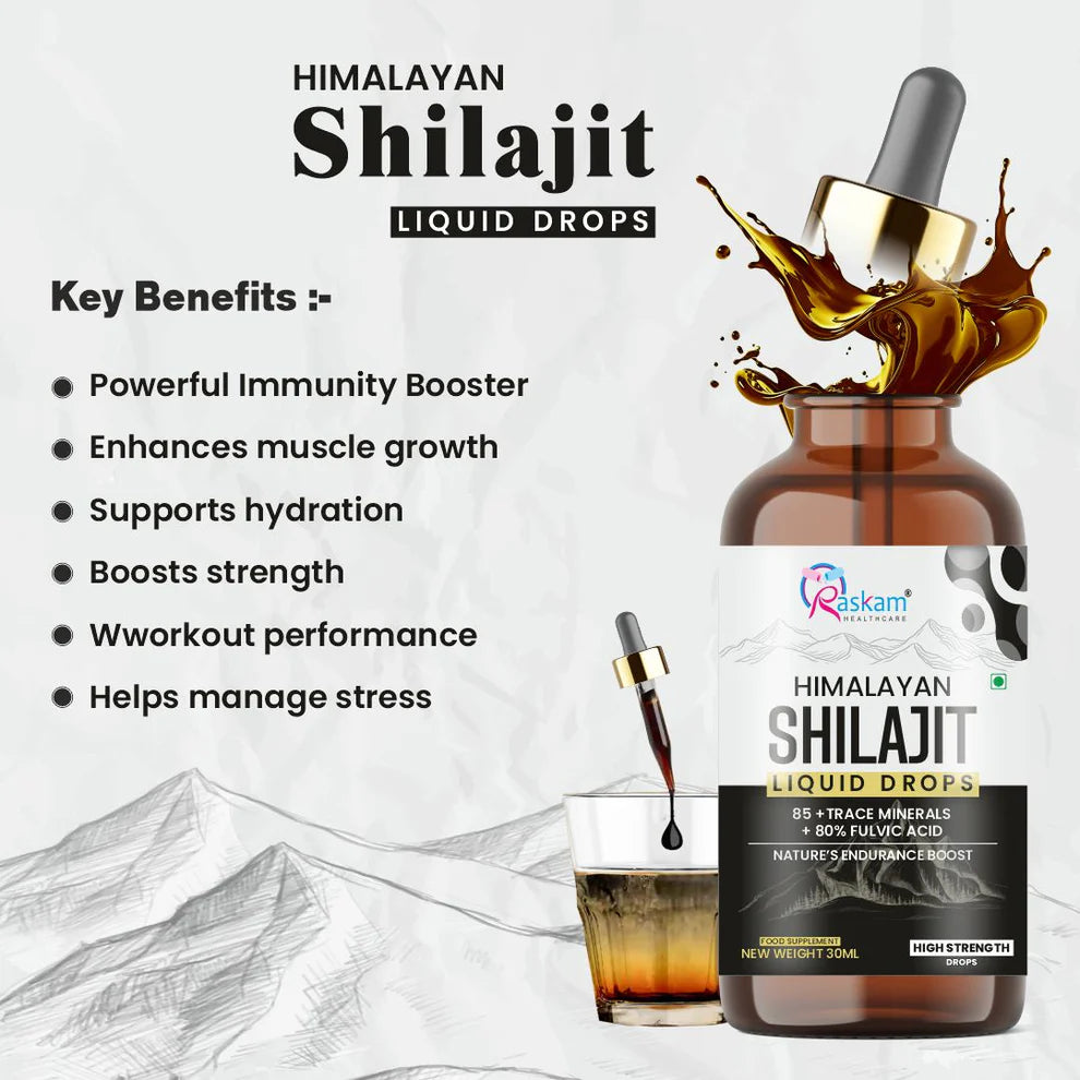 Raskam Pure Himalayan Shilajit liquid Drops - 30ml | Rich in Fulvic acid | Natural extract from Himalayas | 100% Pure Shilajit | Boosts Stamina And Energy | Boosts Stamina And Energy