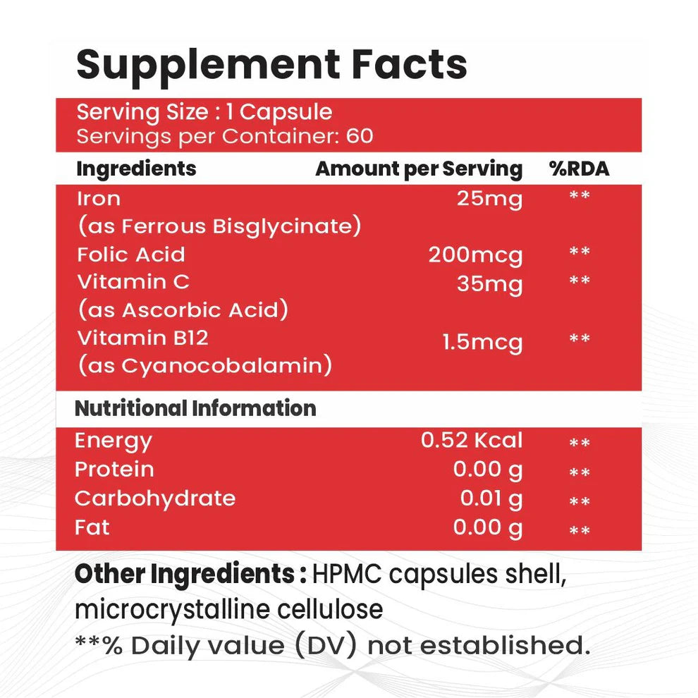 Raskam Iron Supplement with Folic Acid, Vitamin C & Vitamin B12, 60 capsules, Dietary Supplement