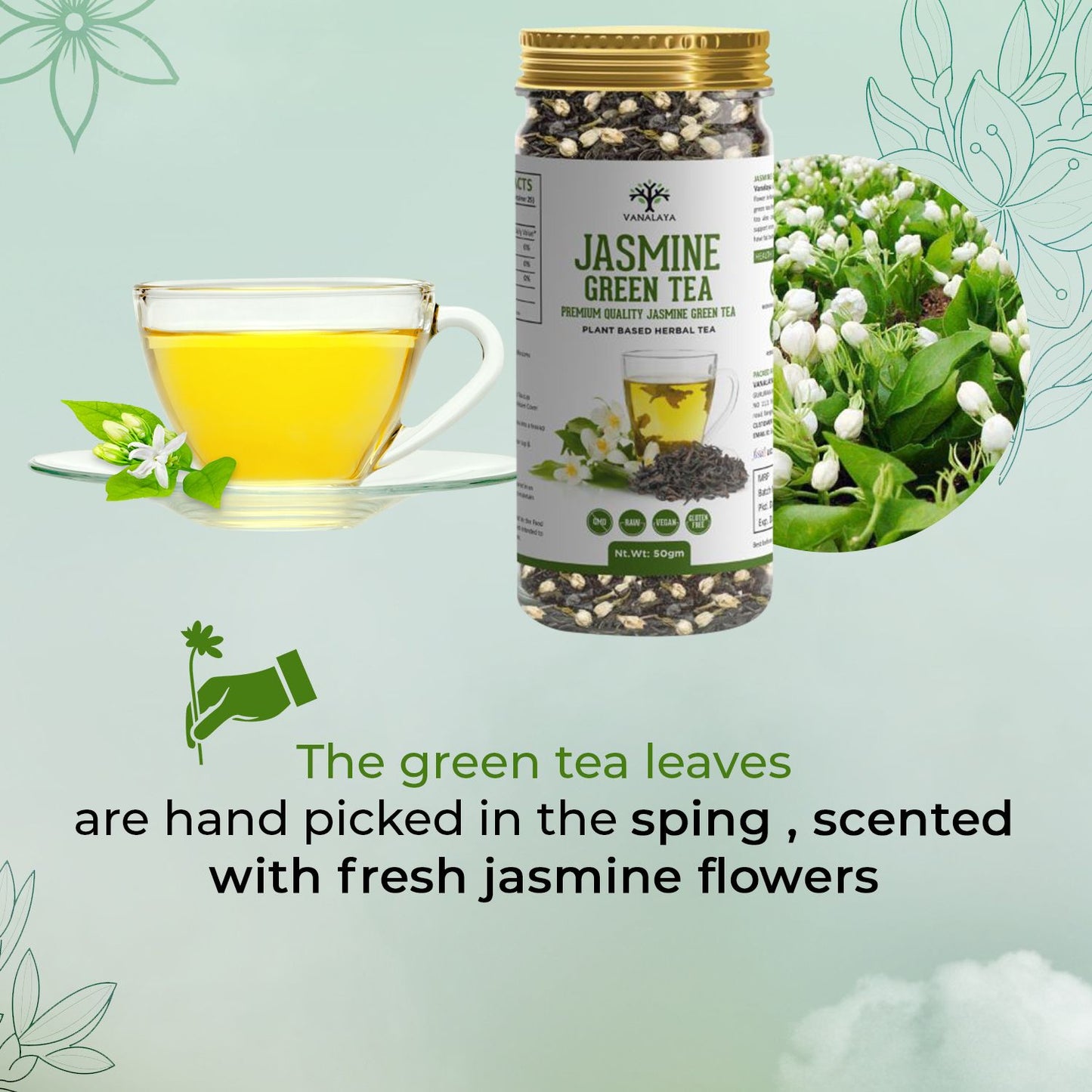 Vanalaya Jasmine Green Tea from Sun Dried Jasmine Petals for Clear Mind, Improve Mood, Stress Relief and Relives Anxiety 50gm
