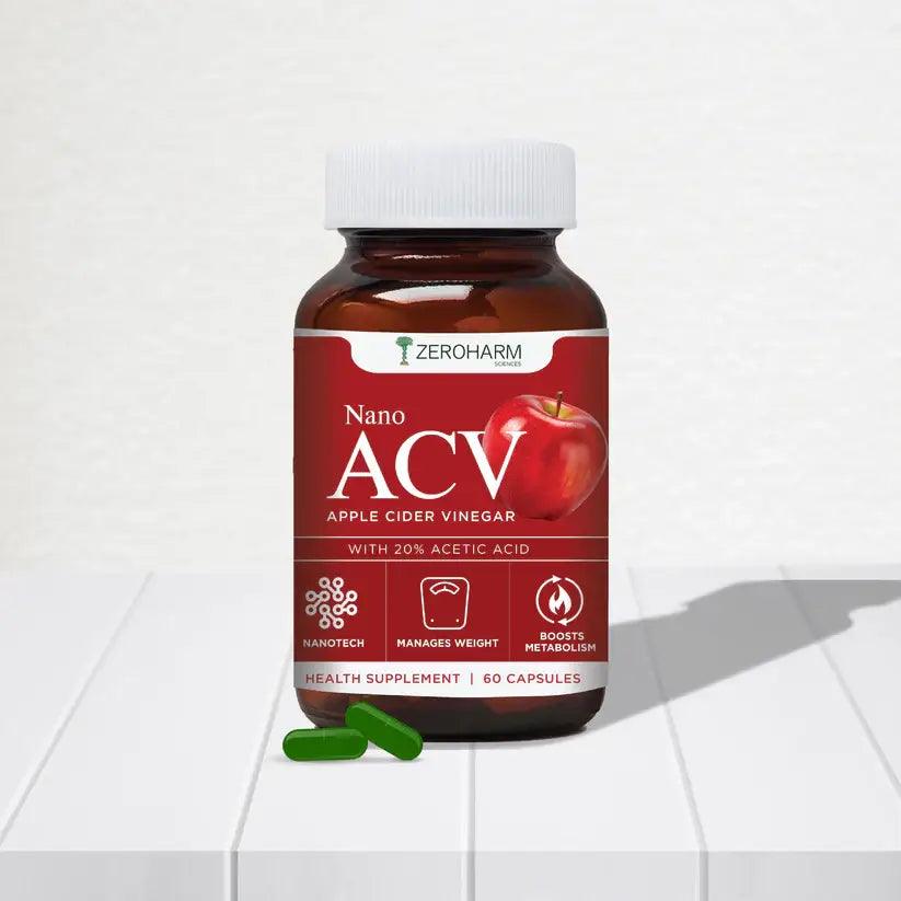 Zeroharm Apple Cider Vinegar Capsules 500 mg with 20% Acetic Acid - Supports Metabolism & Cravings, Appetite - Promotes Gut Health, Digestion & Weight Management - Natural Nano ACV for Men & Women - 60 Capsules