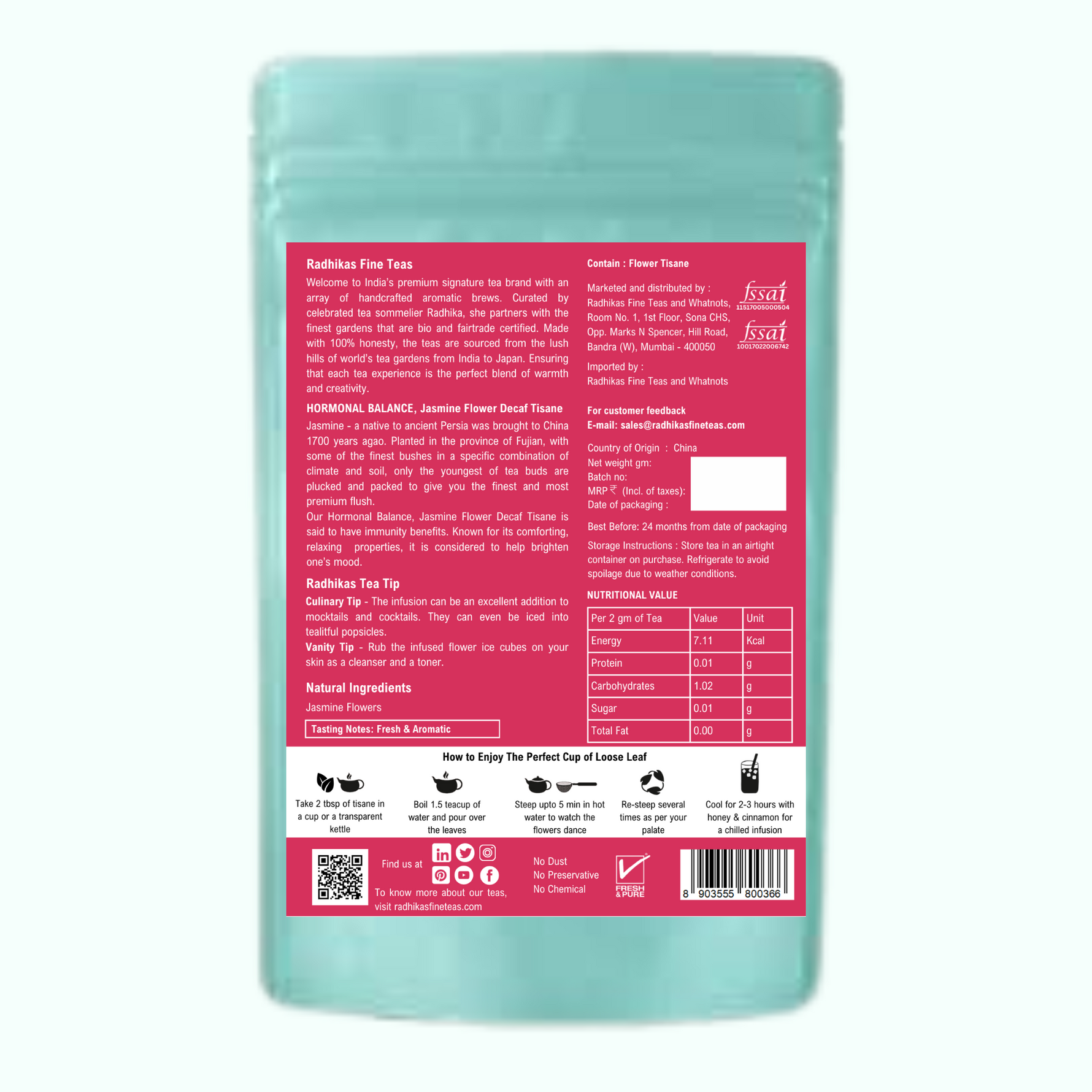 Radhika's Fine Teas Hormonal Balance Jasmine Flower Decaf Tisane (50g) | Pure Floral Herbal Tea for Stress Relief, Relaxation & Mood Enhancement