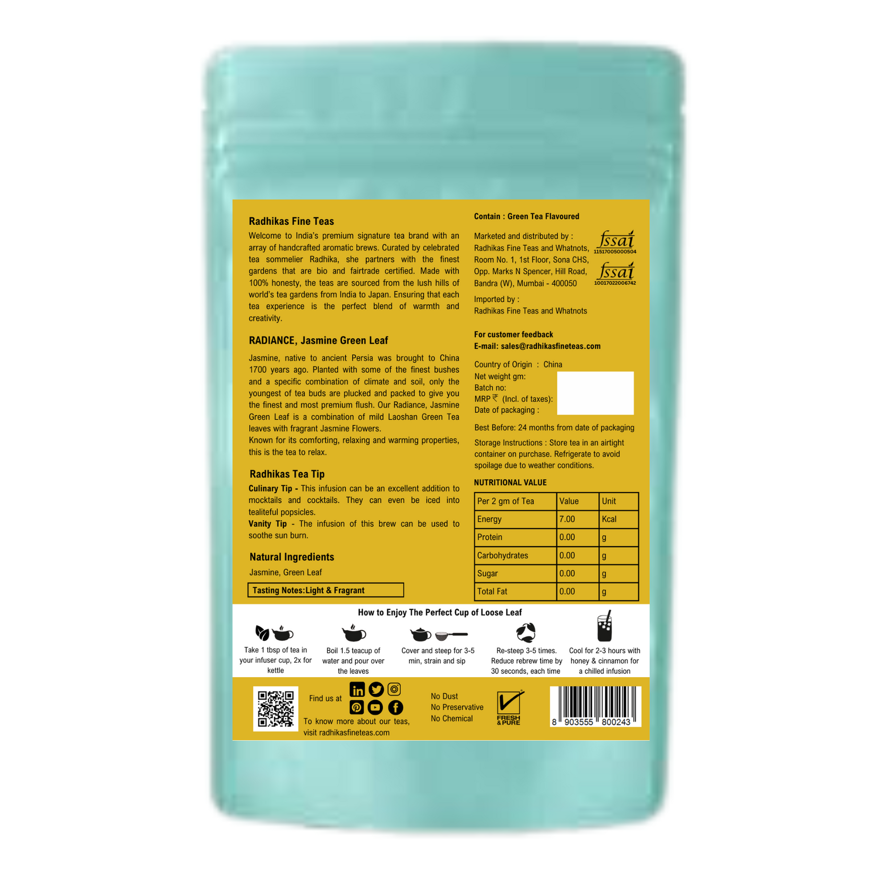 Radhika's Fine Teas RADIANCE Jasmine Green Leaf Tea (50g)