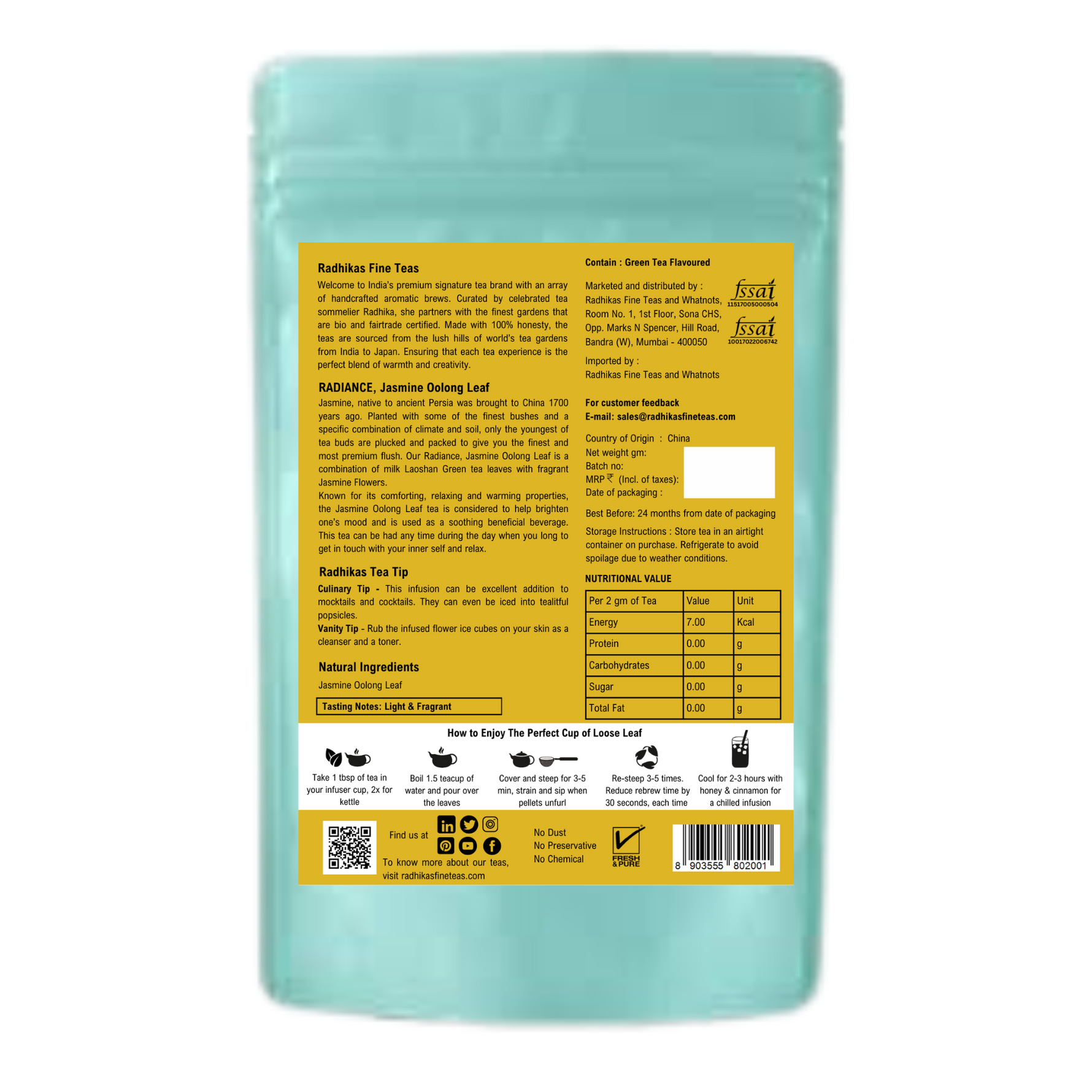 Radhika's Fine Teas Radiance Jasmine Oolong Loose Leaf Tea (50g) | Premium Botanical Blend for Natural Skin Glow, Metabolism & Stress Relief