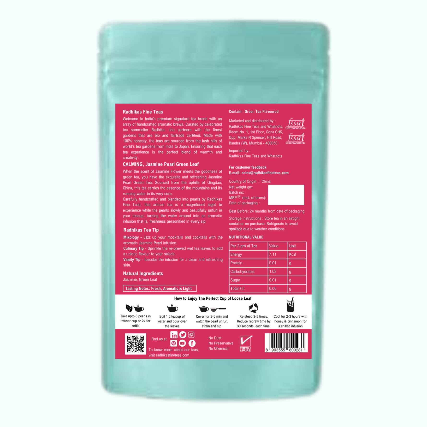 Radhikas Fine Teas Calming Jasmine Pearl Green Leaf Tea (50g)