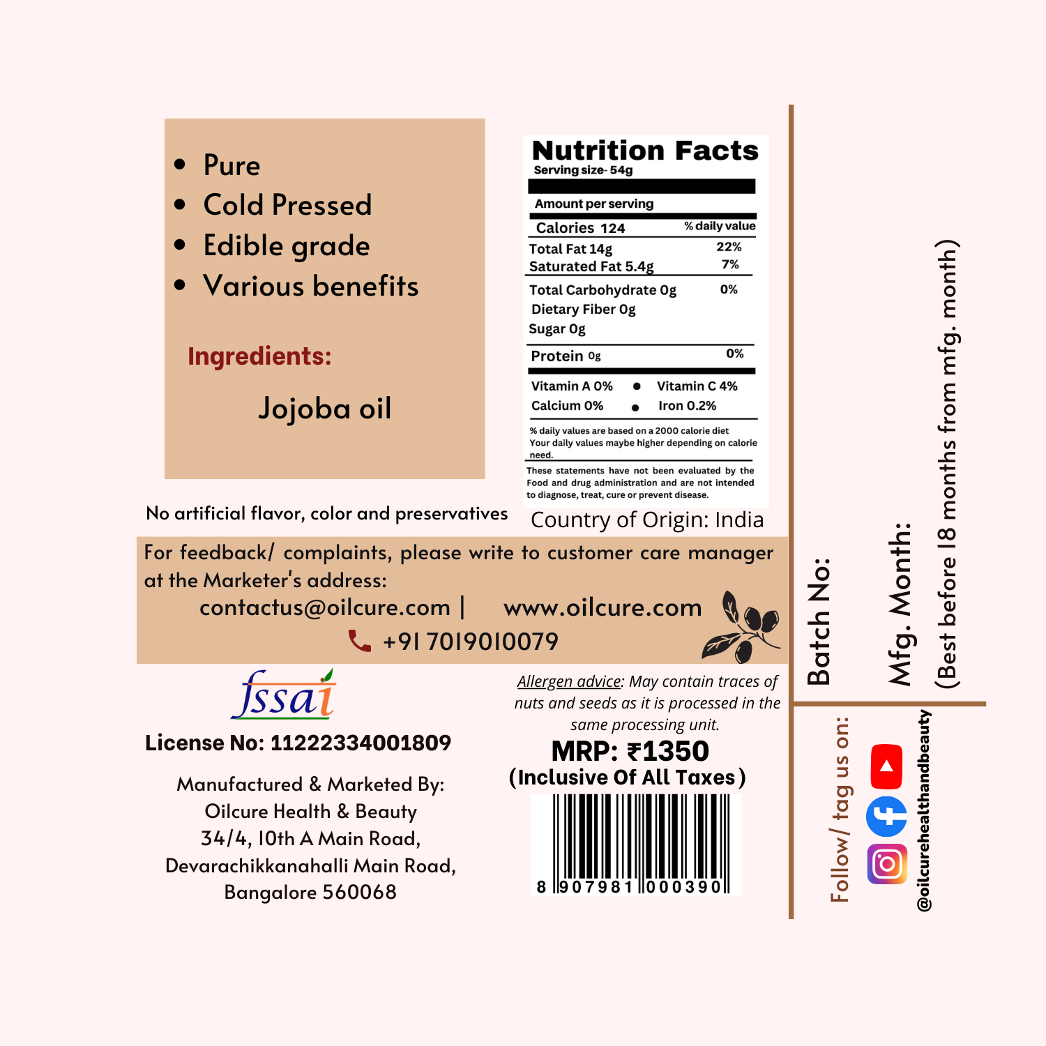Oilcure Cold Pressed Jojoba Oil -100ml
