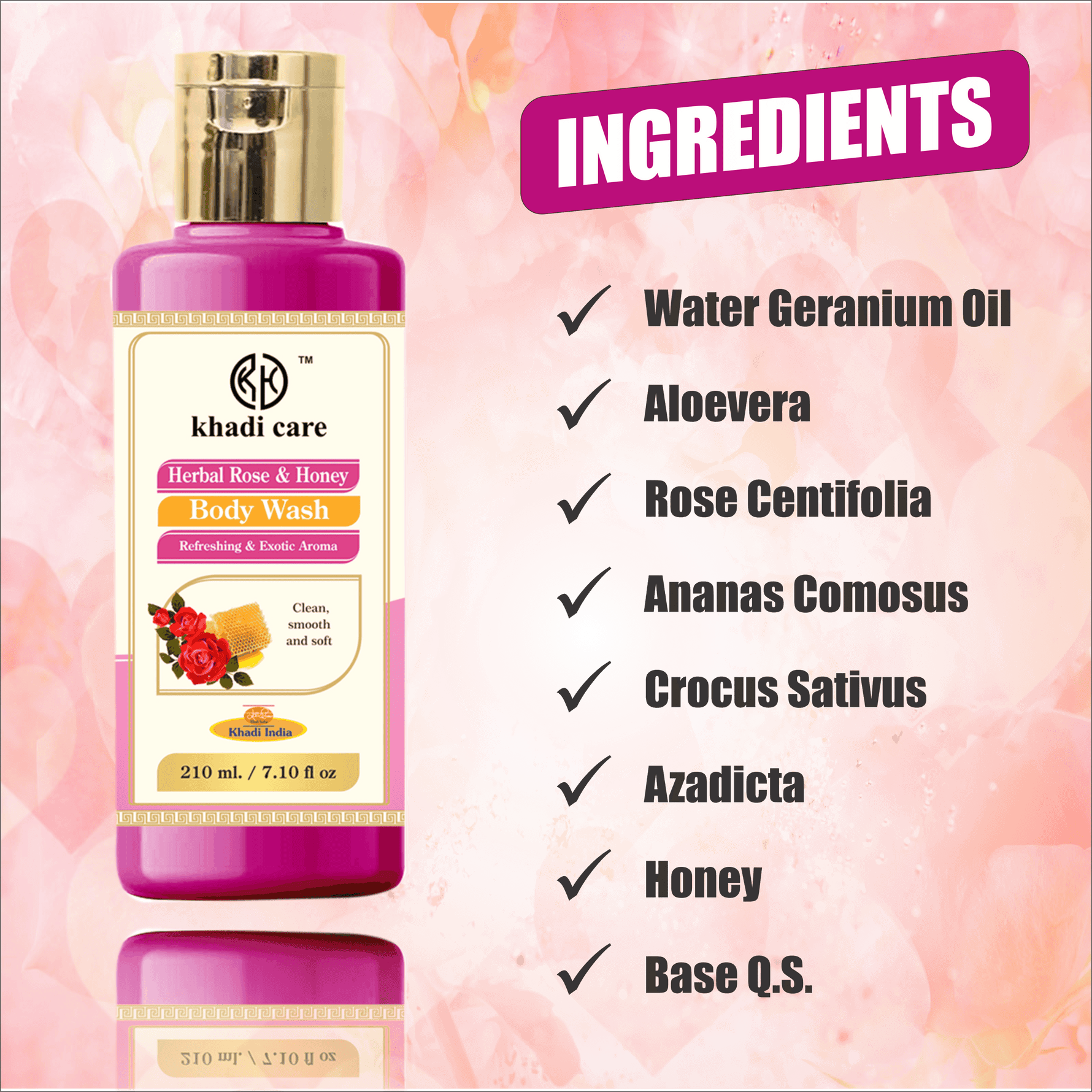 Khadi Care Herbal Rose & Honey Body Wash - 210ml.