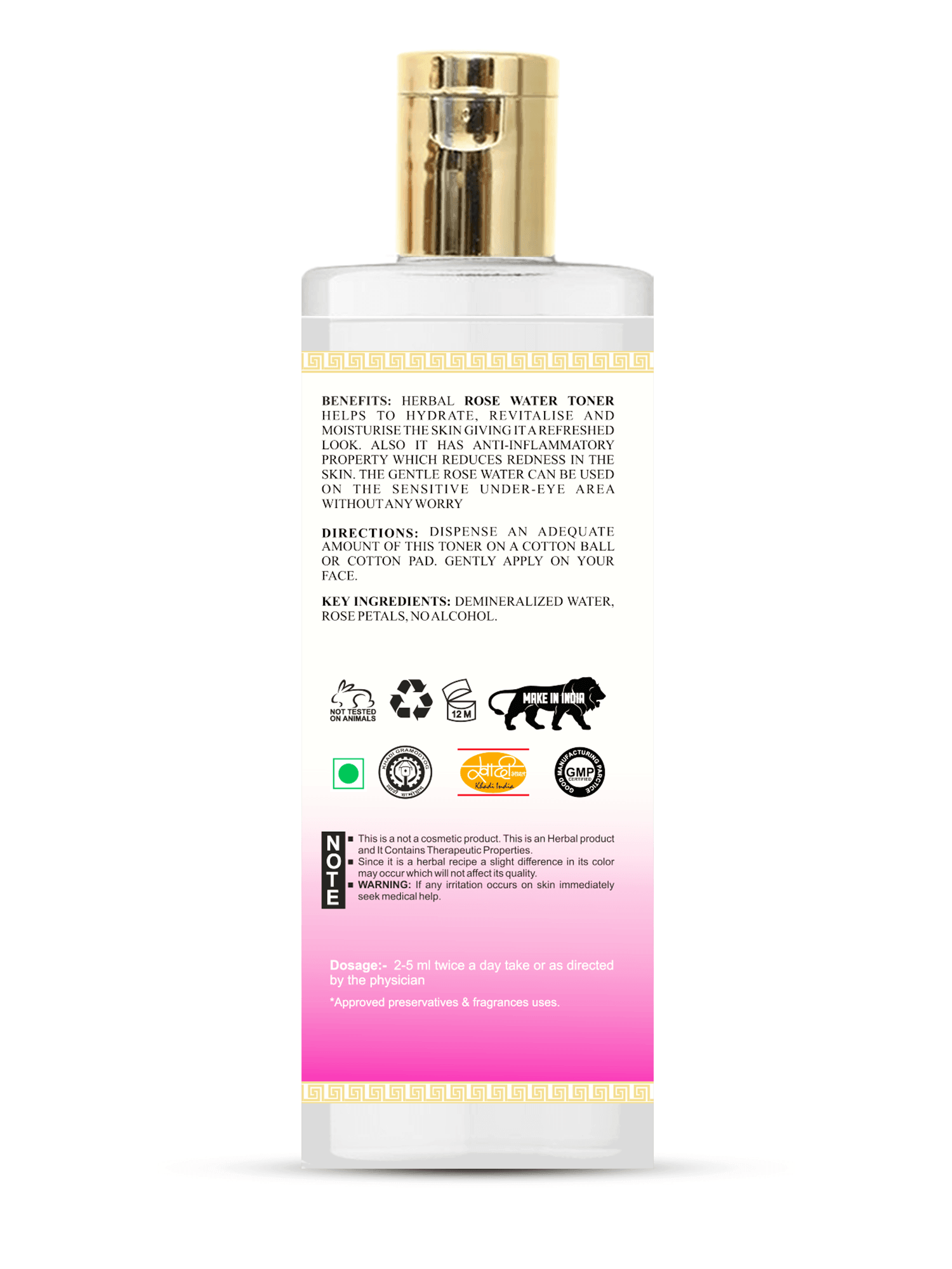 Khadi Care Herbal Rose Water - 210ml Natural Skin Toner & Refresher