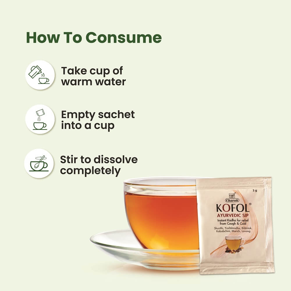 Charak Kofol Ayurvedic Sip Instant Kadha Sachet For Cold,Cough & Sore Throat (3gm Each) Sugar Free - 10 sachets (Pack of 3)