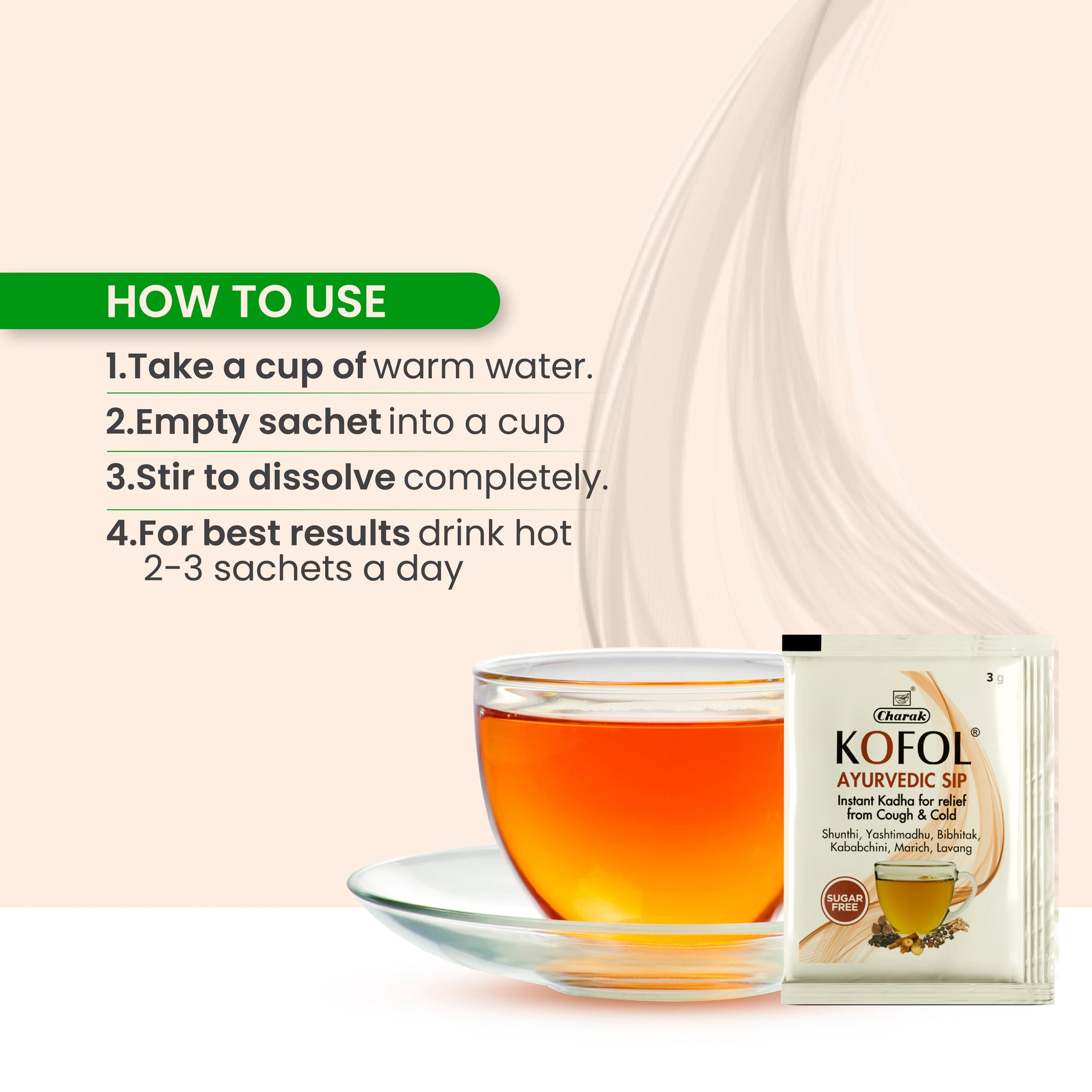 Charak Kofol Ayurvedic Sip Instant Kadha Sachet For Cold,Cough & Sore Throat (3gm Each) Sugar Free - 10 sachets
