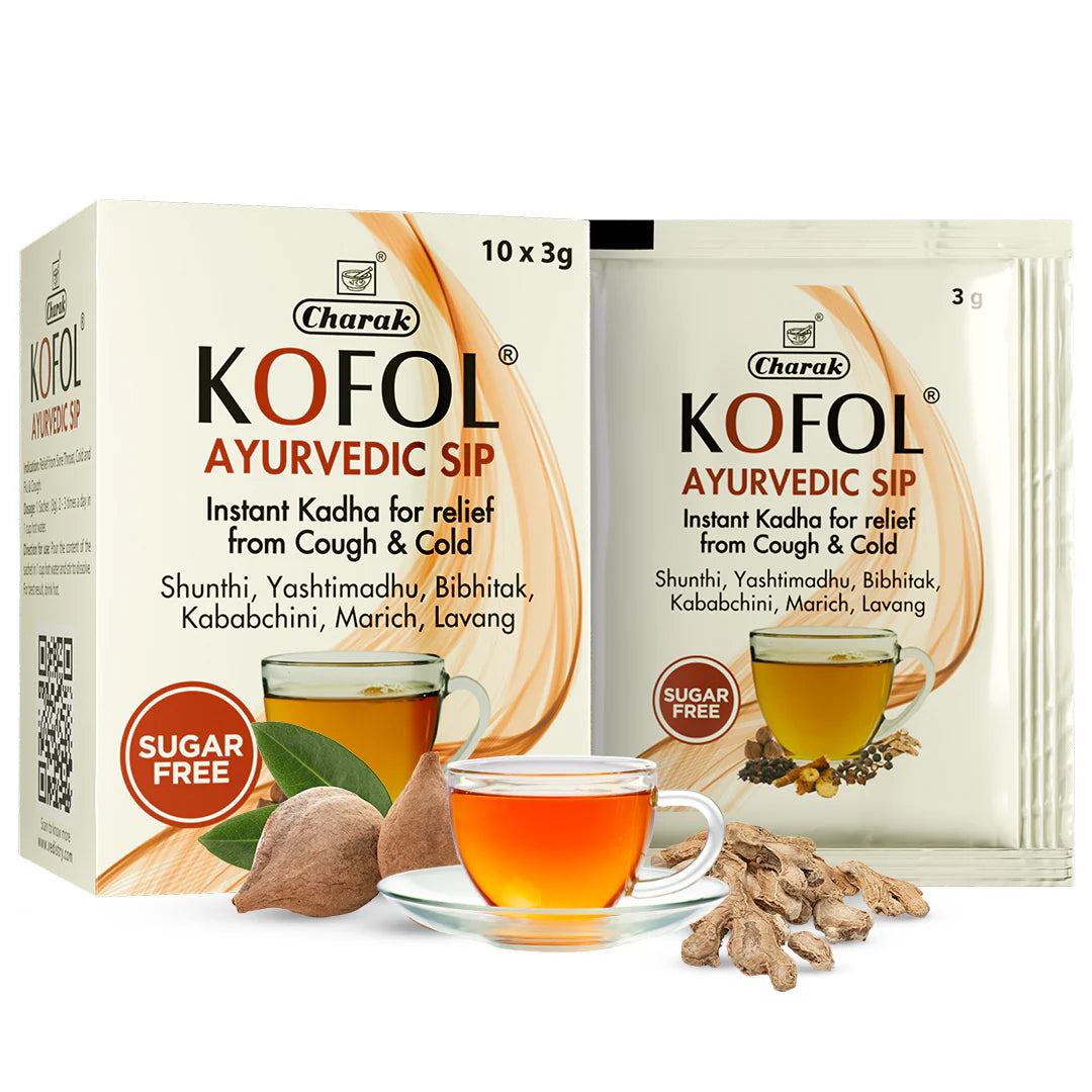 Charak Kofol Ayurvedic Sip Instant Kadha Sachet For Cold,Cough & Sore Throat (3gm Each) Sugar Free - 10 sachets