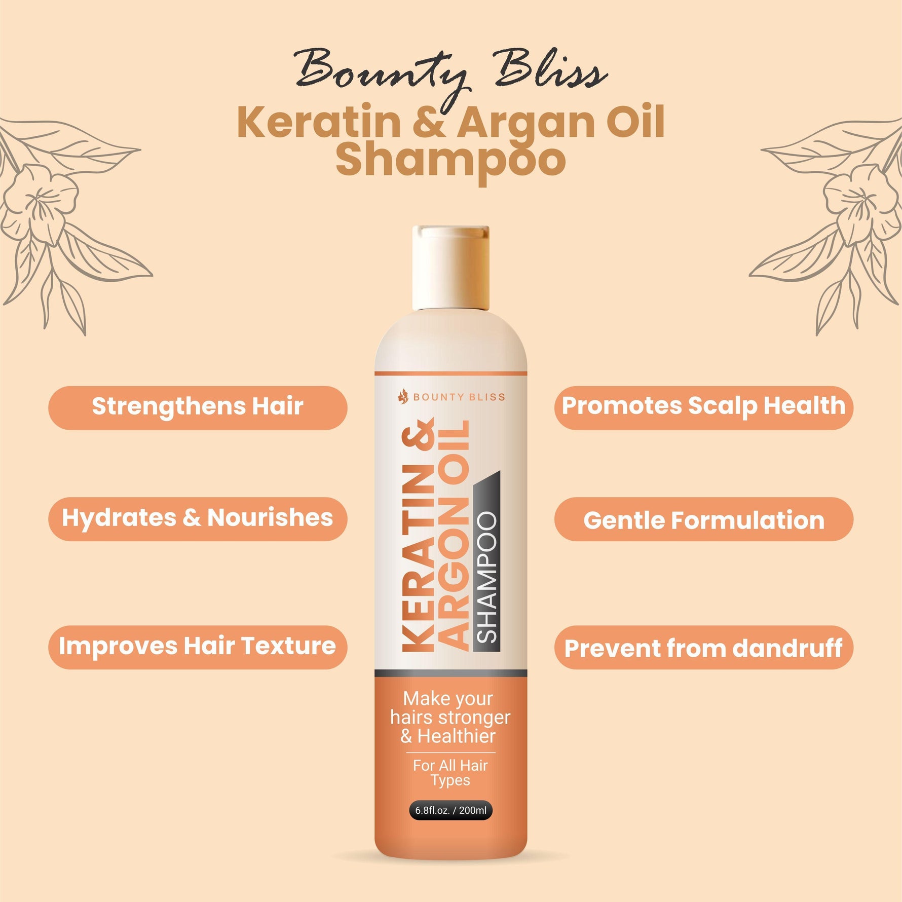 Bounty Bliss Keratin & Argan Oil Shampoo – Smoothing, Strengthening, Nourishing, Sulfate-Free, For All Hair Types - 200ml