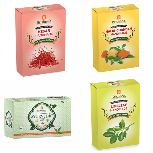 Krishna's Natural Handmade Soaps Combo- Kesar | Haldi Chandan | Lime Leaf | Ayurvedic Soap