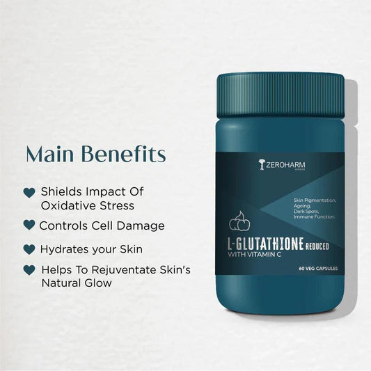 ZEROHARM L-Glutathione Reduced with Vitamin C- Skin Supplement - Dark Spot Reduce, Anti-Ageing , Reduces skin pigmentation, Free Radical Fighter & Radiant, Glowing Skin - 60 Capsules
