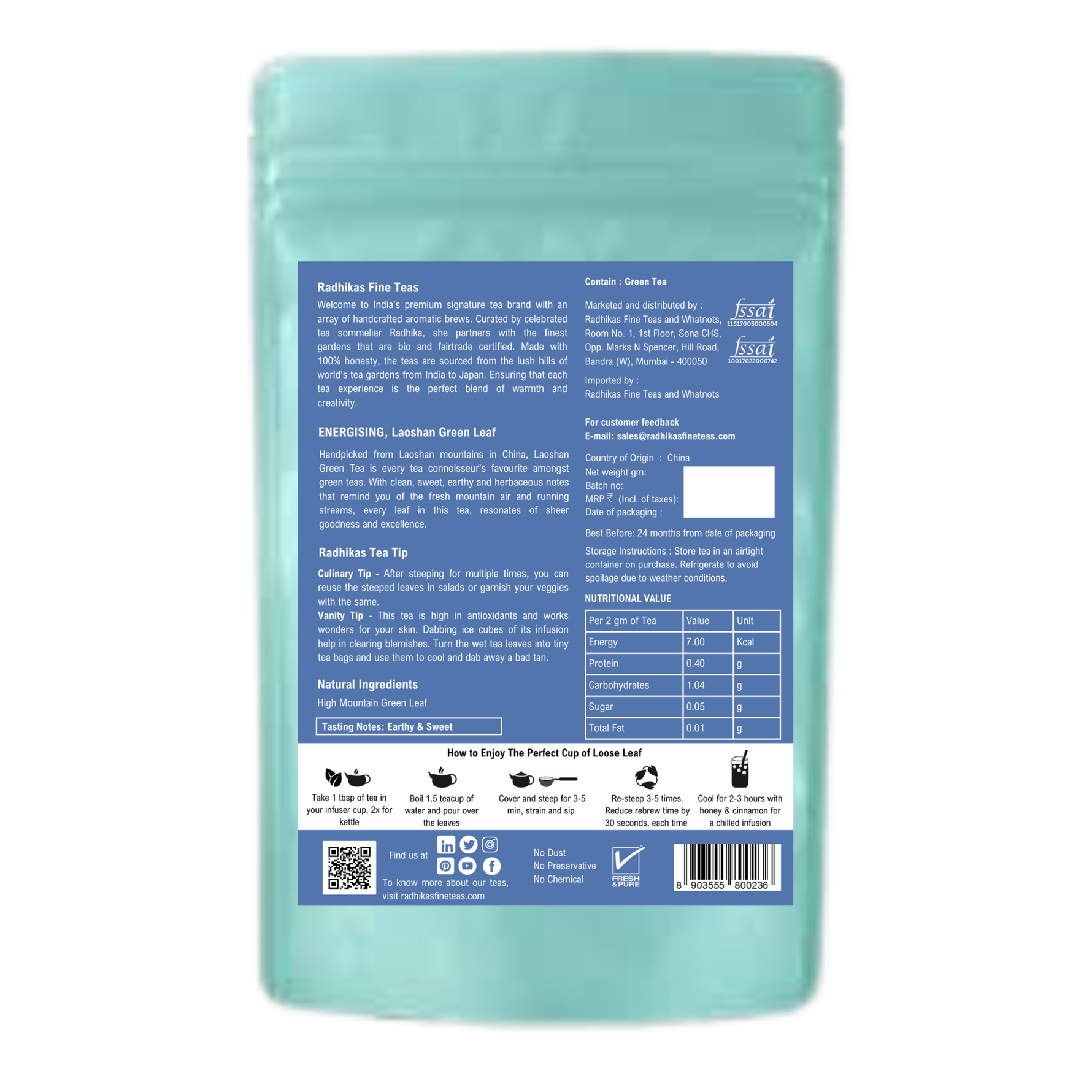 Radhika's Fine Teas ENERGISING Laoshan Green Leaf Tea (50g)