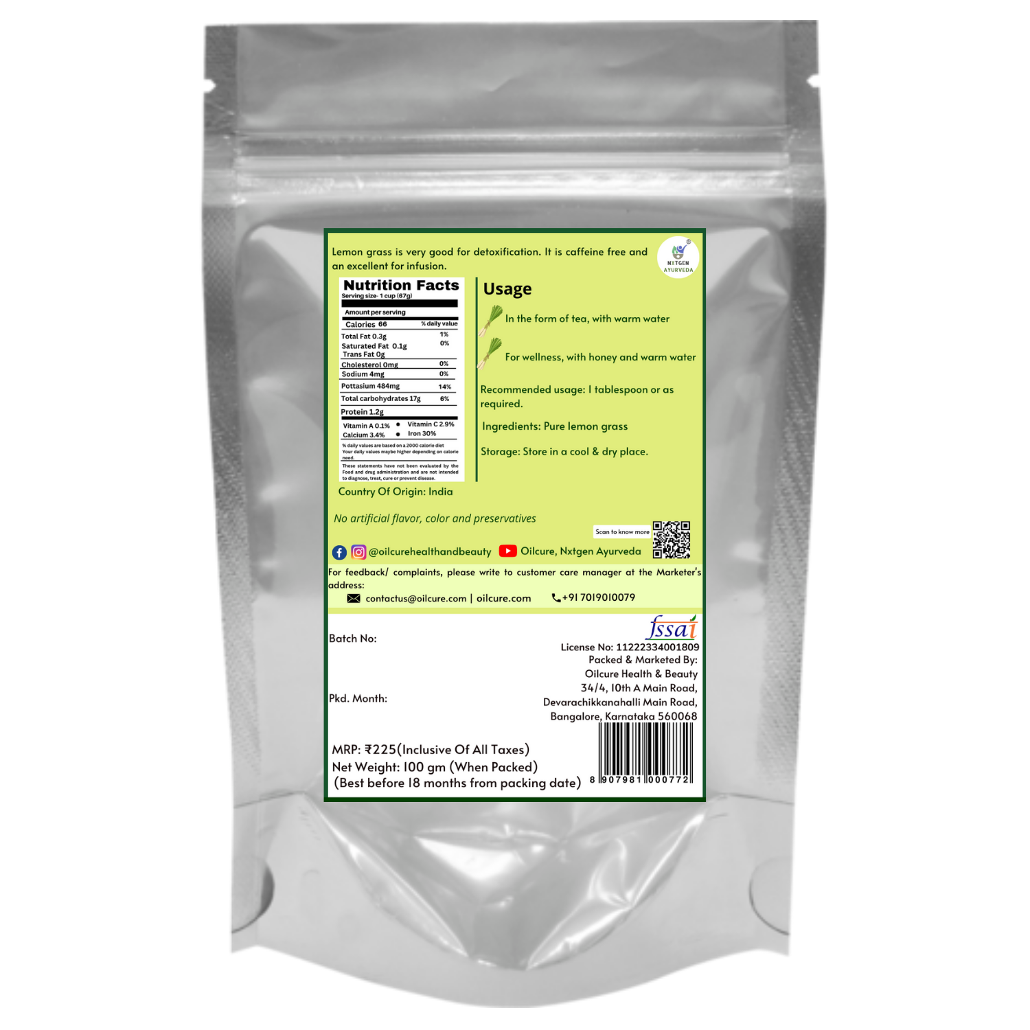 Nxtgen Ayurveda Lemon Grass Pure Infusion - 100 gms (Pack of 2)