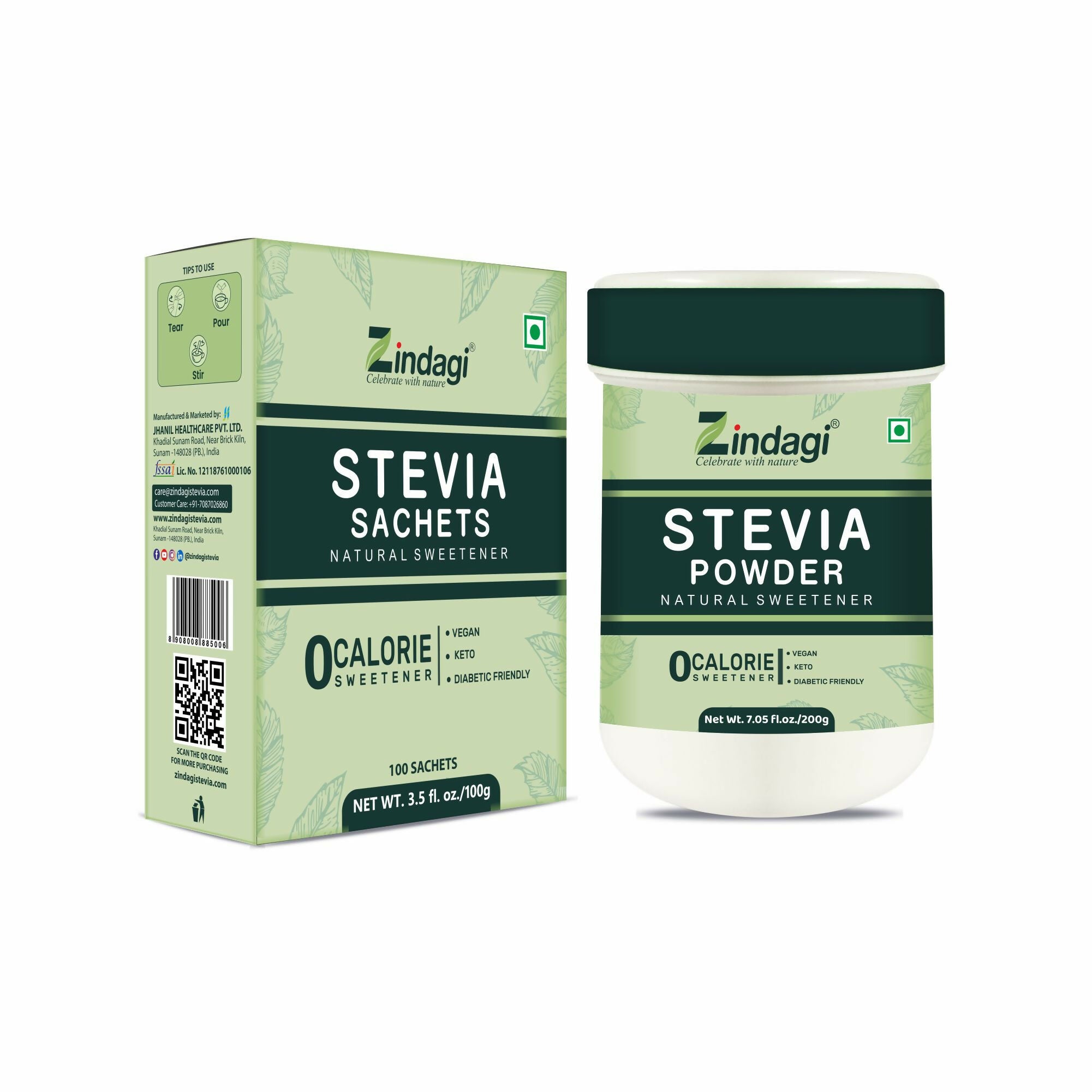 Zindagi Stevia Powder Sachets (100 Sachets) and Stevia White Powder (200 gm) - Natural Sugar Free Sweetener (combo pack)