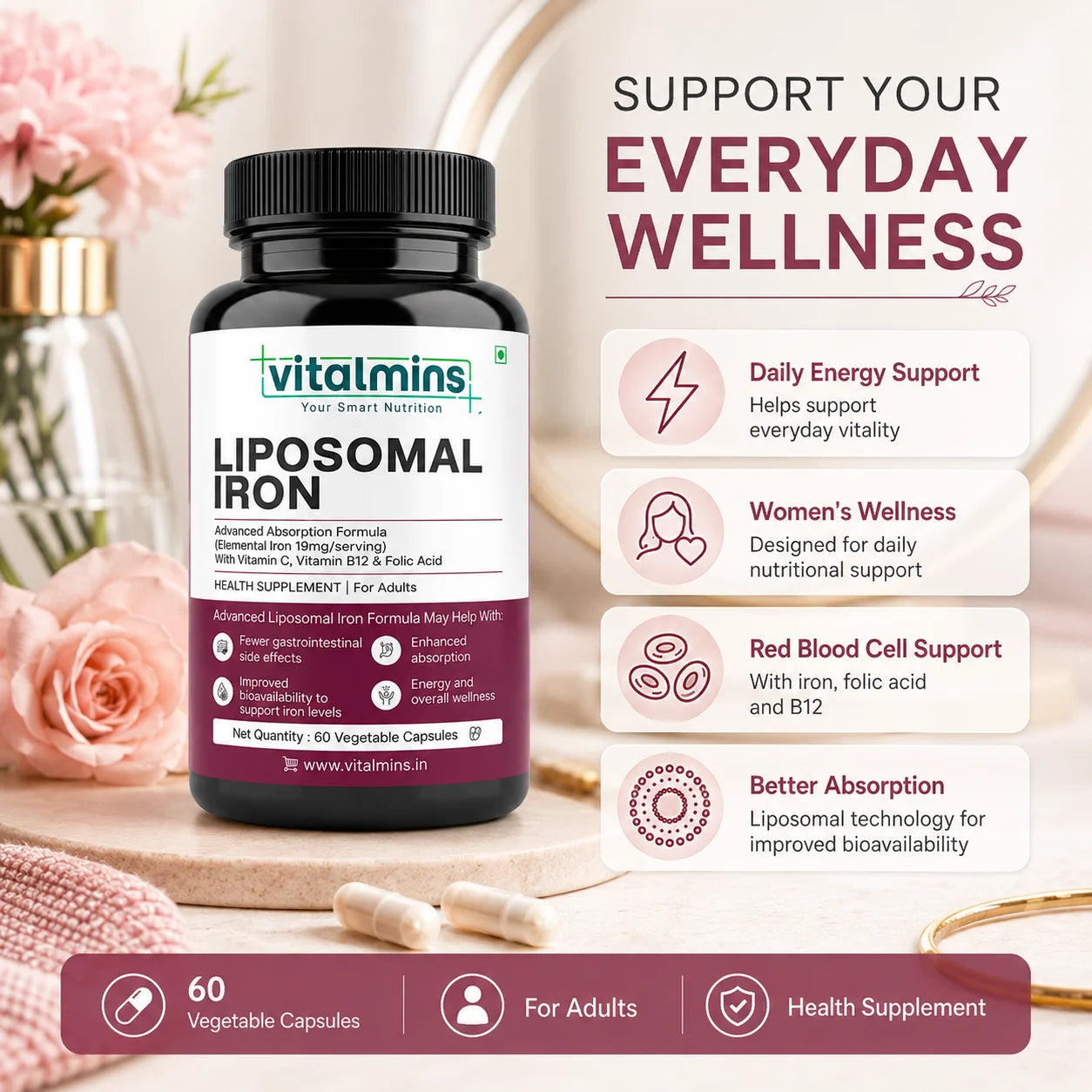 Vitalmins Liposomal Iron Capsules | Gentle, Non-Constipating Formula to Boost Energy, Hemoglobin & Healthy Iron Levels – 60 Veg Capsules
