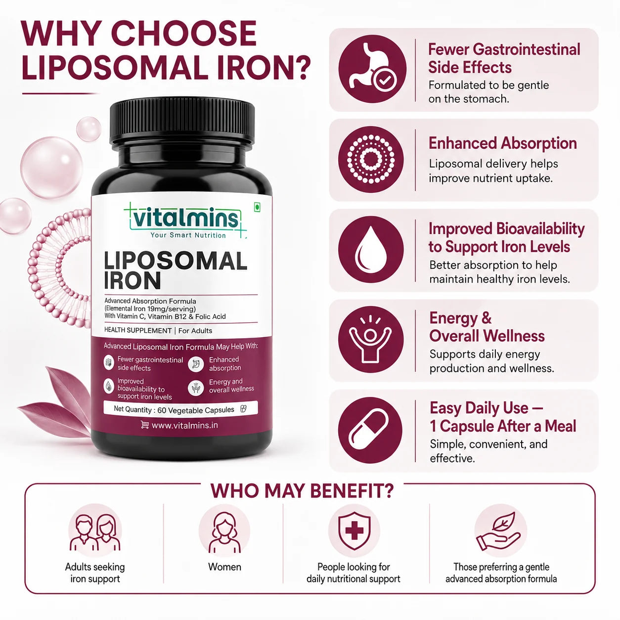 Vitalmins Liposomal Iron Capsules | Gentle, Non-Constipating Formula to Boost Energy, Hemoglobin & Healthy Iron Levels – 60 Veg Capsules