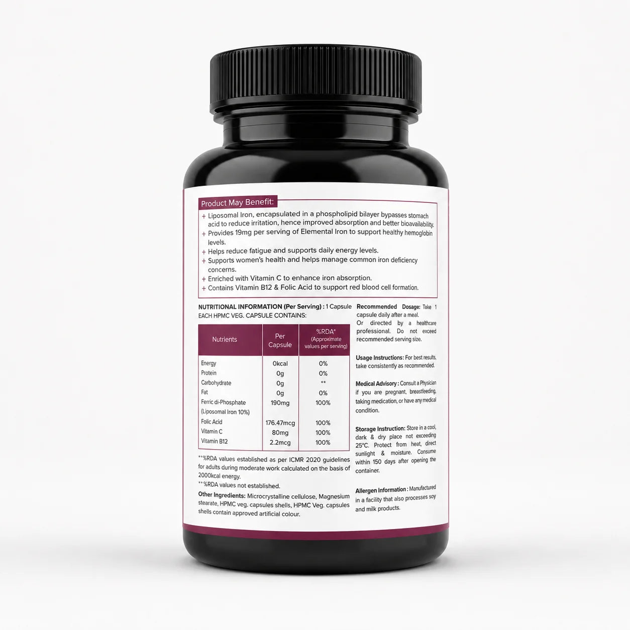 Vitalmins Liposomal Iron Capsules | Gentle, Non-Constipating Formula to Boost Energy, Hemoglobin & Healthy Iron Levels – 60 Veg Capsules