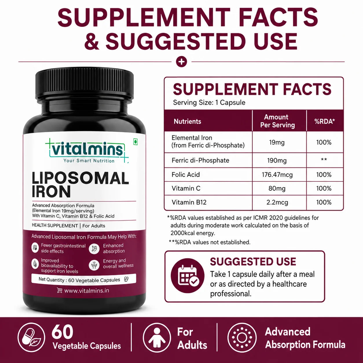 Vitalmins Liposomal Iron Capsules | Gentle, Non-Constipating Formula to Boost Energy, Hemoglobin & Healthy Iron Levels – 60 Veg Capsules