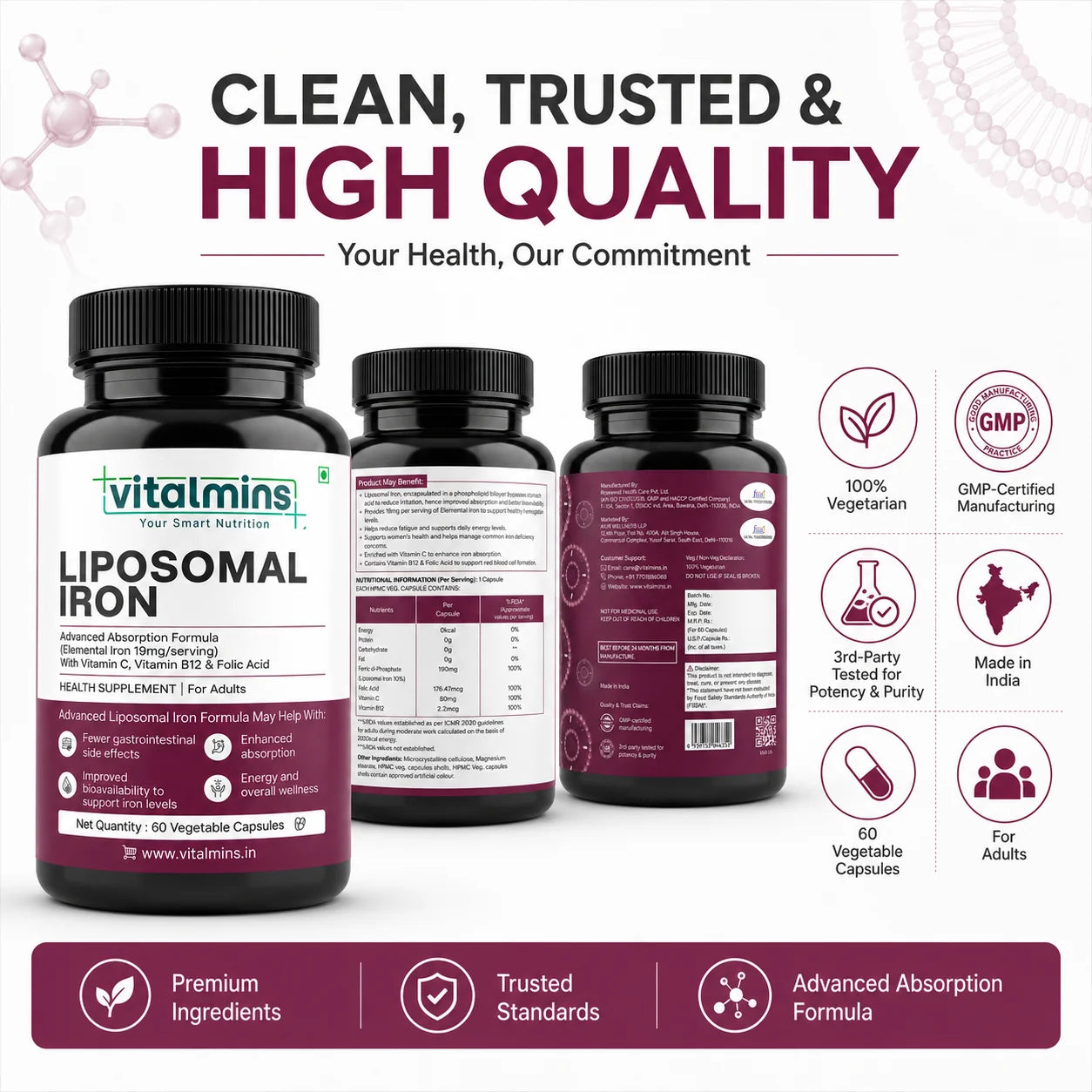 Vitalmins Liposomal Iron Capsules | Gentle, Non-Constipating Formula to Boost Energy, Hemoglobin & Healthy Iron Levels – 60 Veg Capsules