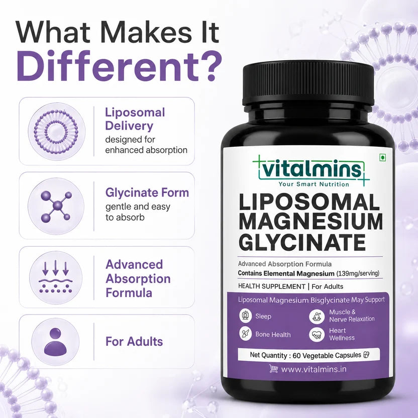Vitalmins Liposomal Magnesium Glycinate Capsules | Maximum Bioavailability for Deep Sleep, Muscle Recovery & Stress Relief – 60 Capsules